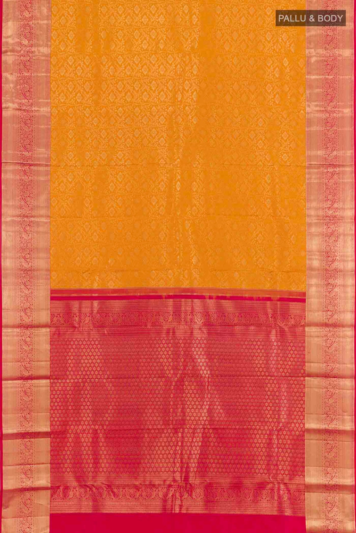 Flat view of Yellow Kanchipuram Silk Saree with Zari Brocade on the body and Zari Border. 