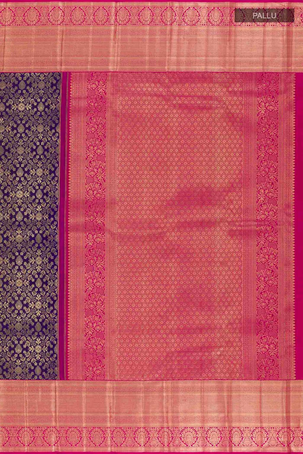 Close up image of the pallu of Dark Blue Kanchipuram Silk Saree with Zari Brocade on the body and Zari Border. 
