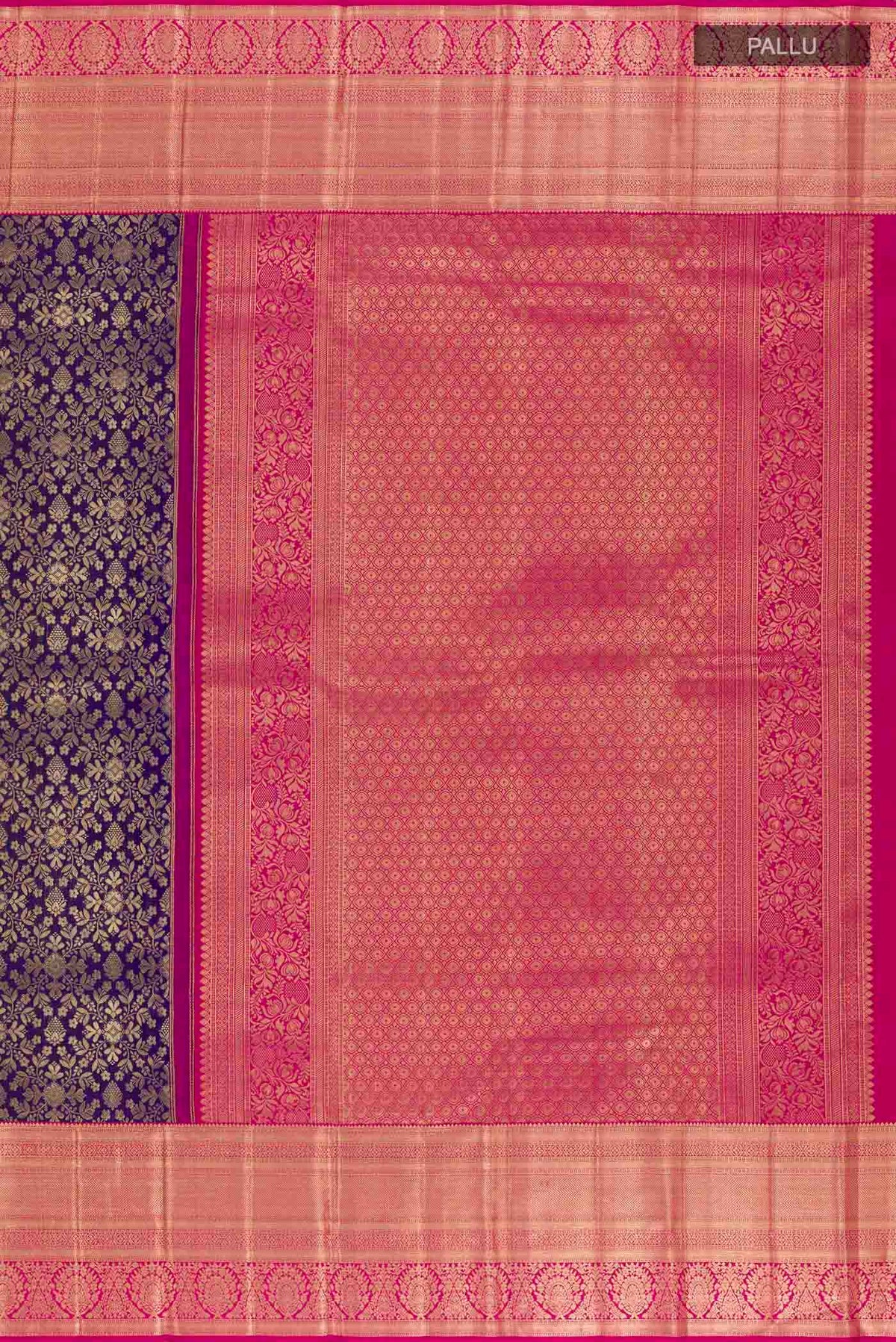 Close up image of the pallu of Dark Blue Kanchipuram Silk Saree with Zari Brocade on the body and Zari Border. 