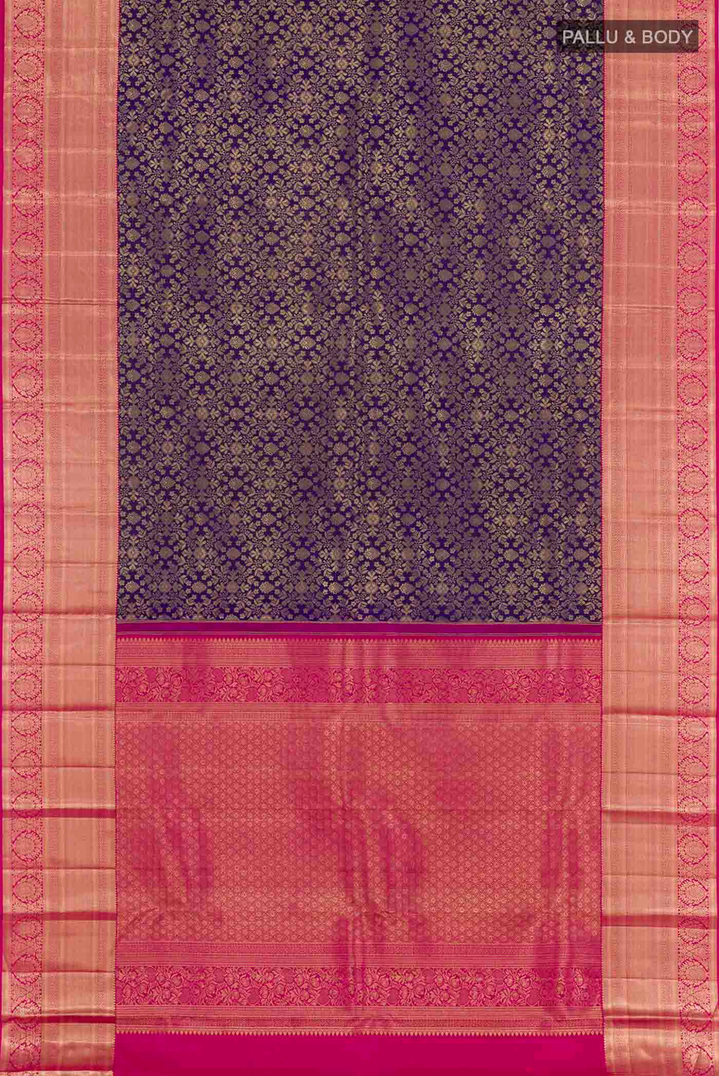 Flat view of Dark Blue Kanchipuram Silk Saree with Zari Brocade on the body and Zari Border. 