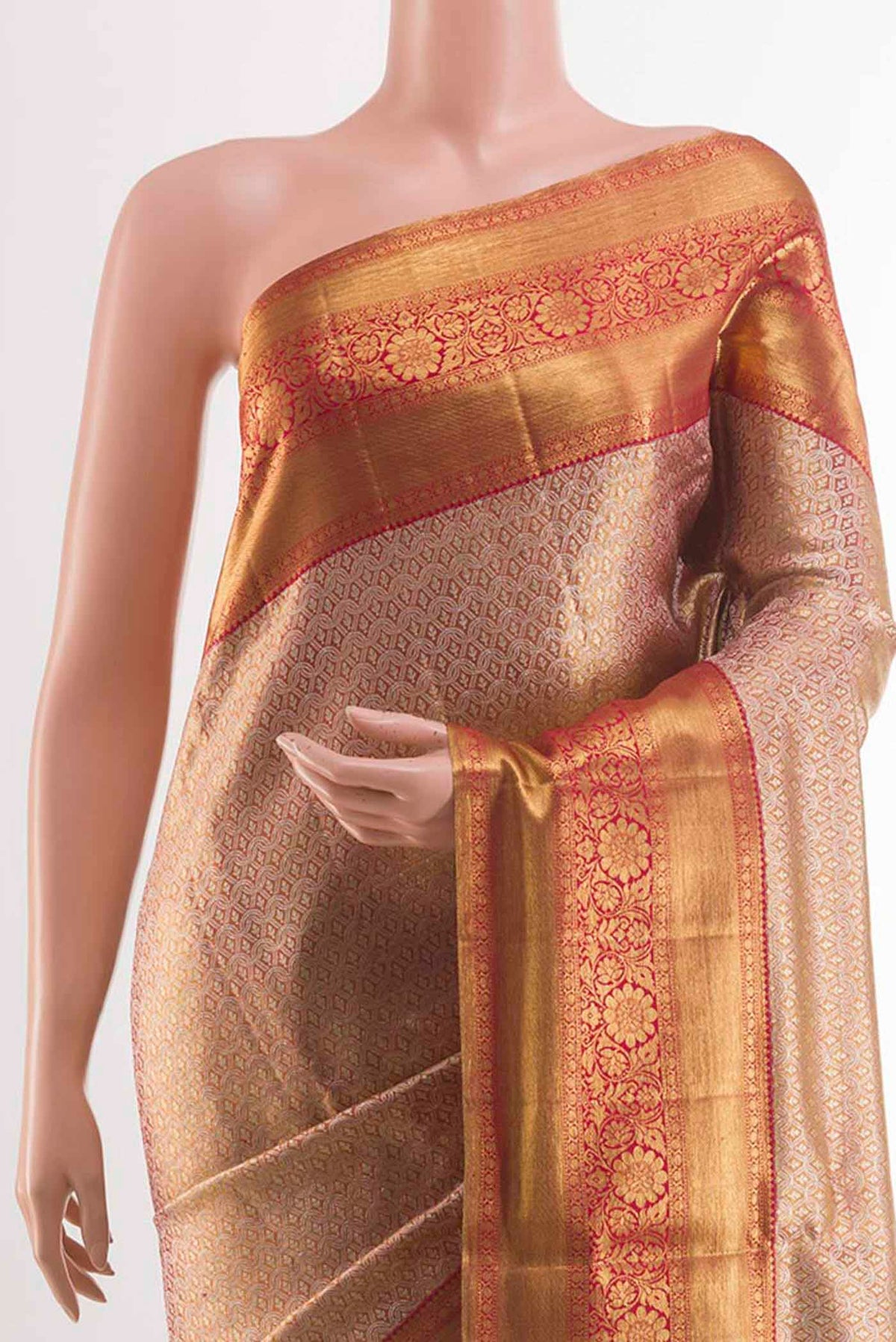 Border image of Golden Peach Kanjivaram Silk Saree with Zari Brocade on the body and Zari Border. 