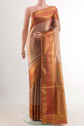 Golden Peach Kanjivaram Silk Saree with Zari Brocade on the body and Zari Border.  displayed on a mannequin