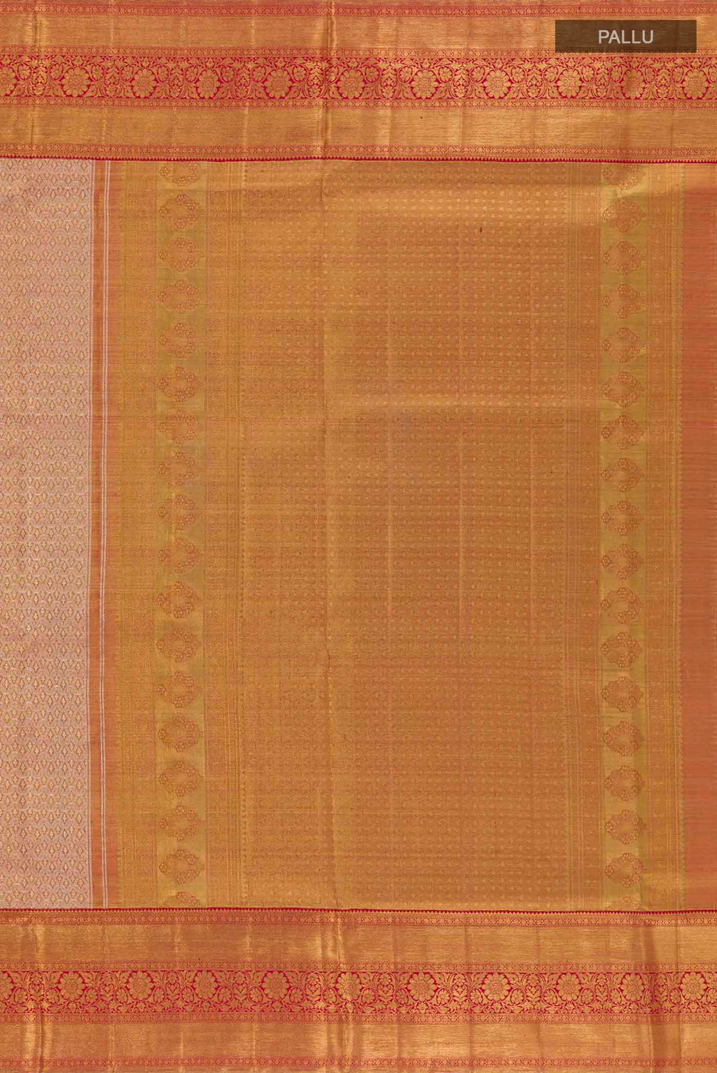 Close up image of the pallu of Golden Peach Kanjivaram Silk Saree with Zari Brocade on the body and Zari Border. 