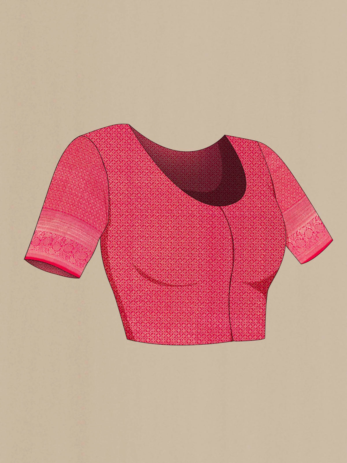 Close up image of the blouse of Red Kanchipuram Silk Saree with Zari Brocade on the body and Zari Border. 