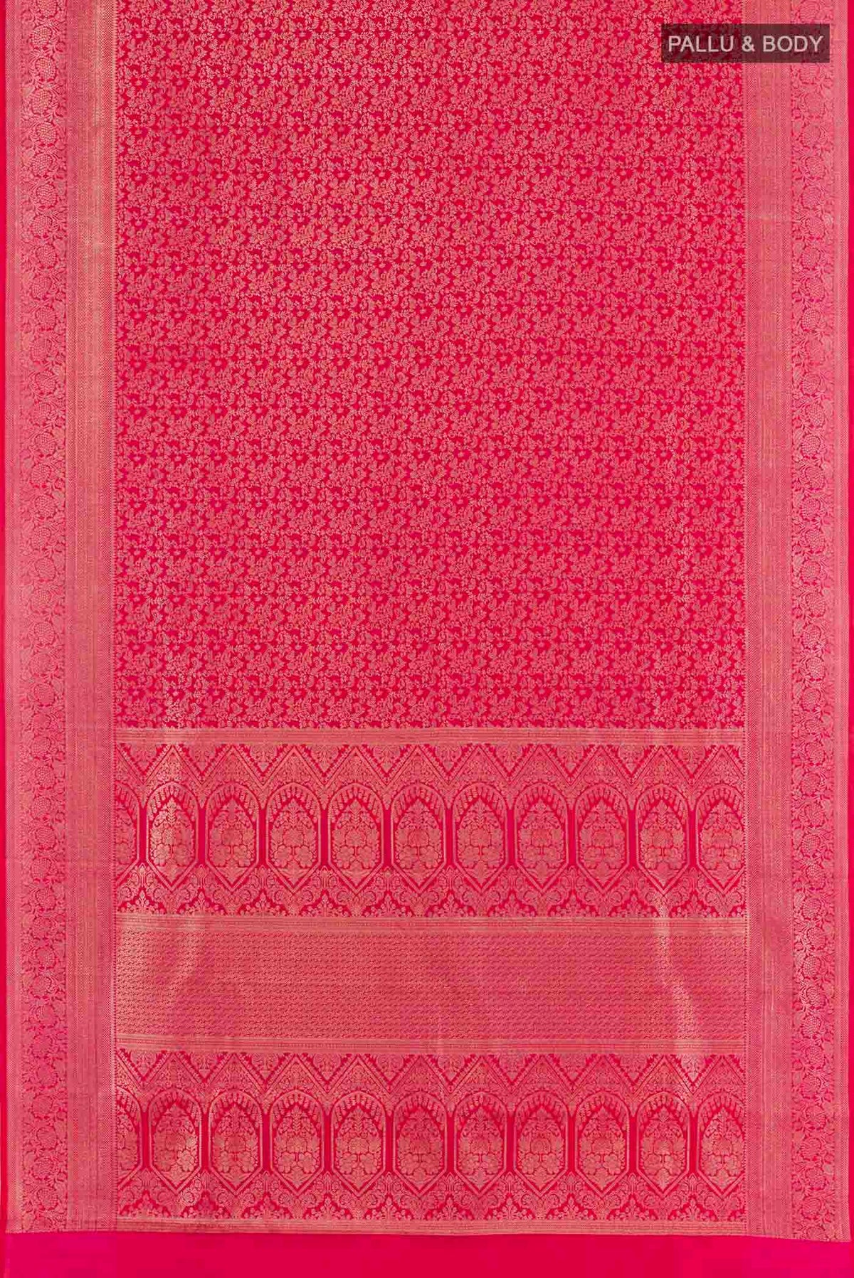 Flat view of Red Kanchipuram Silk Saree with Zari Brocade on the body and Zari Border. 