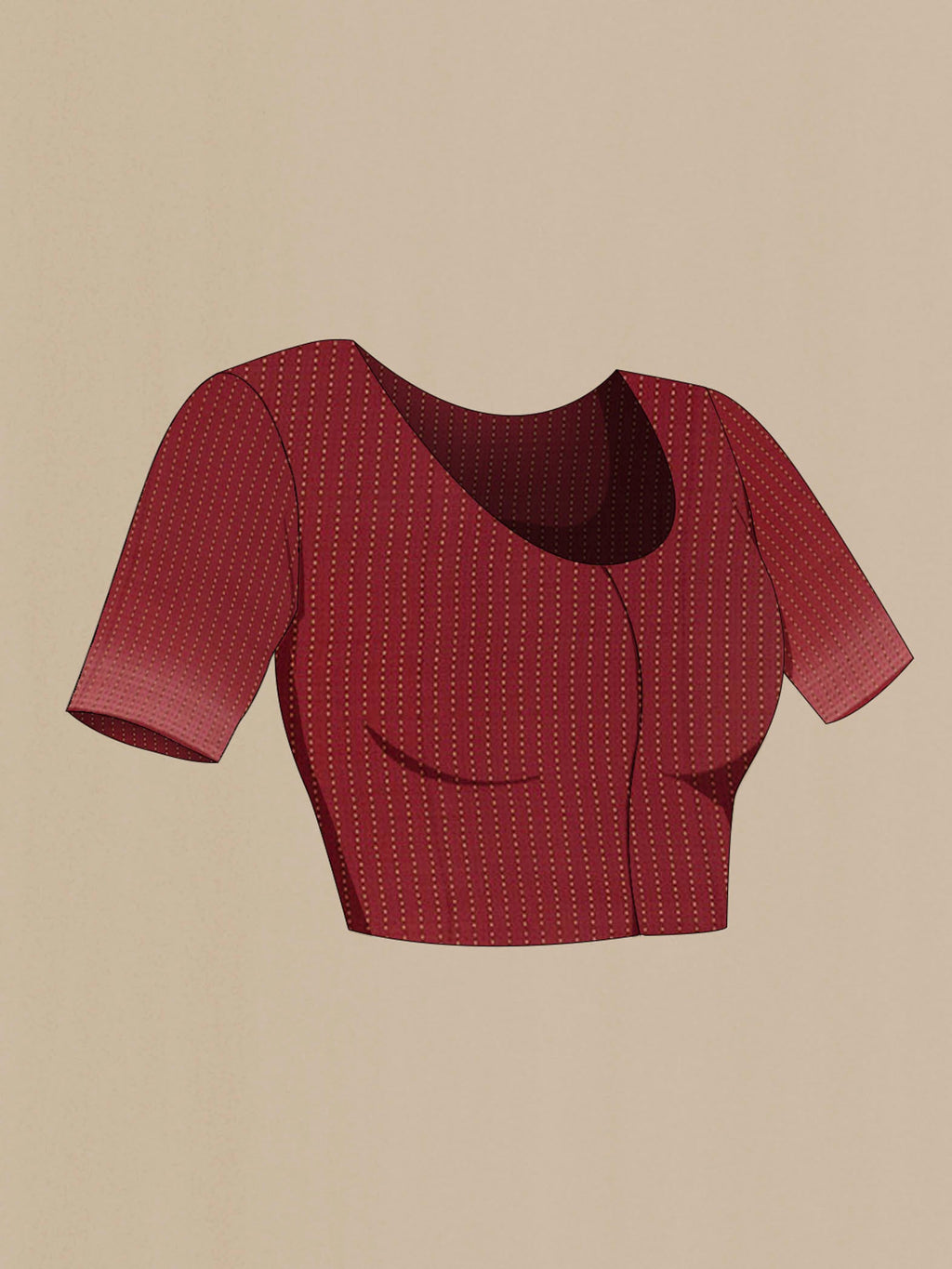 Close up image of the blouse of Red Mysore Crepe Saree with Zari Butta on the body and Zari Border. 