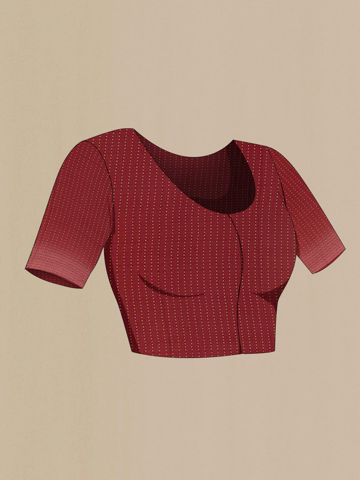 Close up image of the blouse of Red Mysore Crepe Saree with Zari Butta on the body and Zari Border. 
