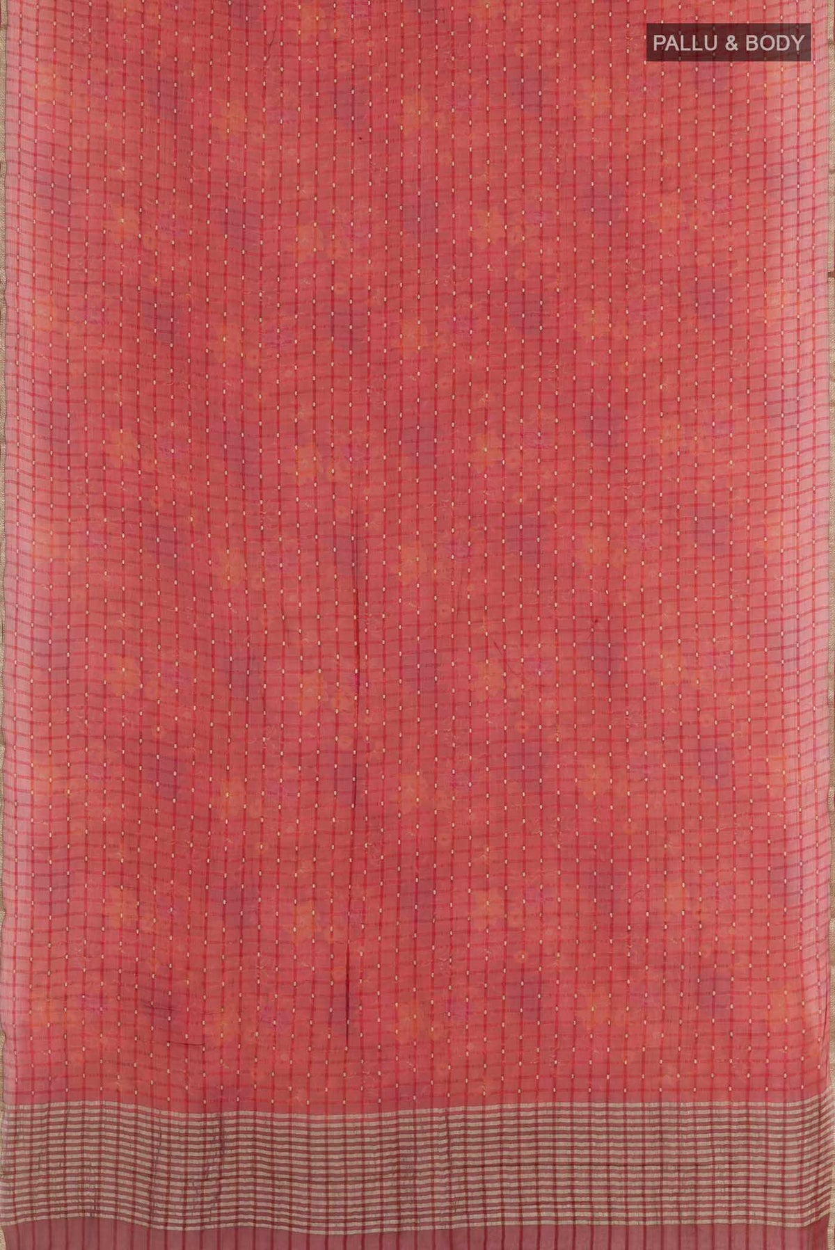 Flat view of Red Mysore Crepe Saree with Zari Butta on the body and Zari Border. 