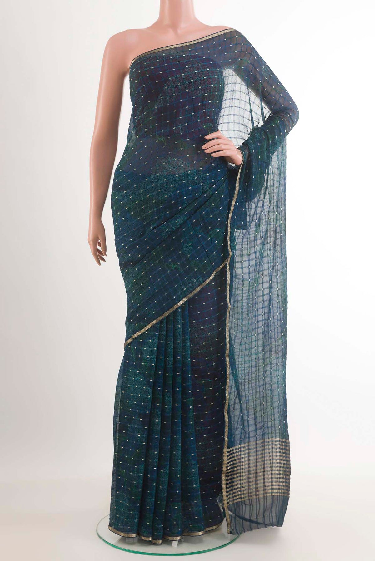 Blue Mysore Chiffon Saree with Zari Butta on the body and Plain Border.  displayed on a mannequin