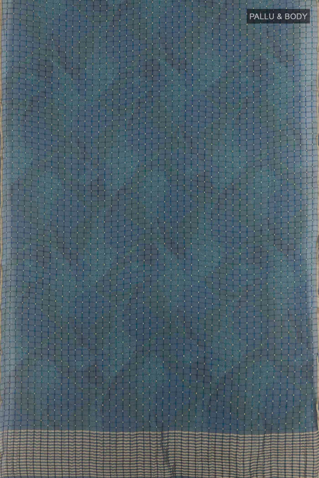 Flat view of Blue Mysore Chiffon Saree with Zari Butta on the body and Plain Border. 