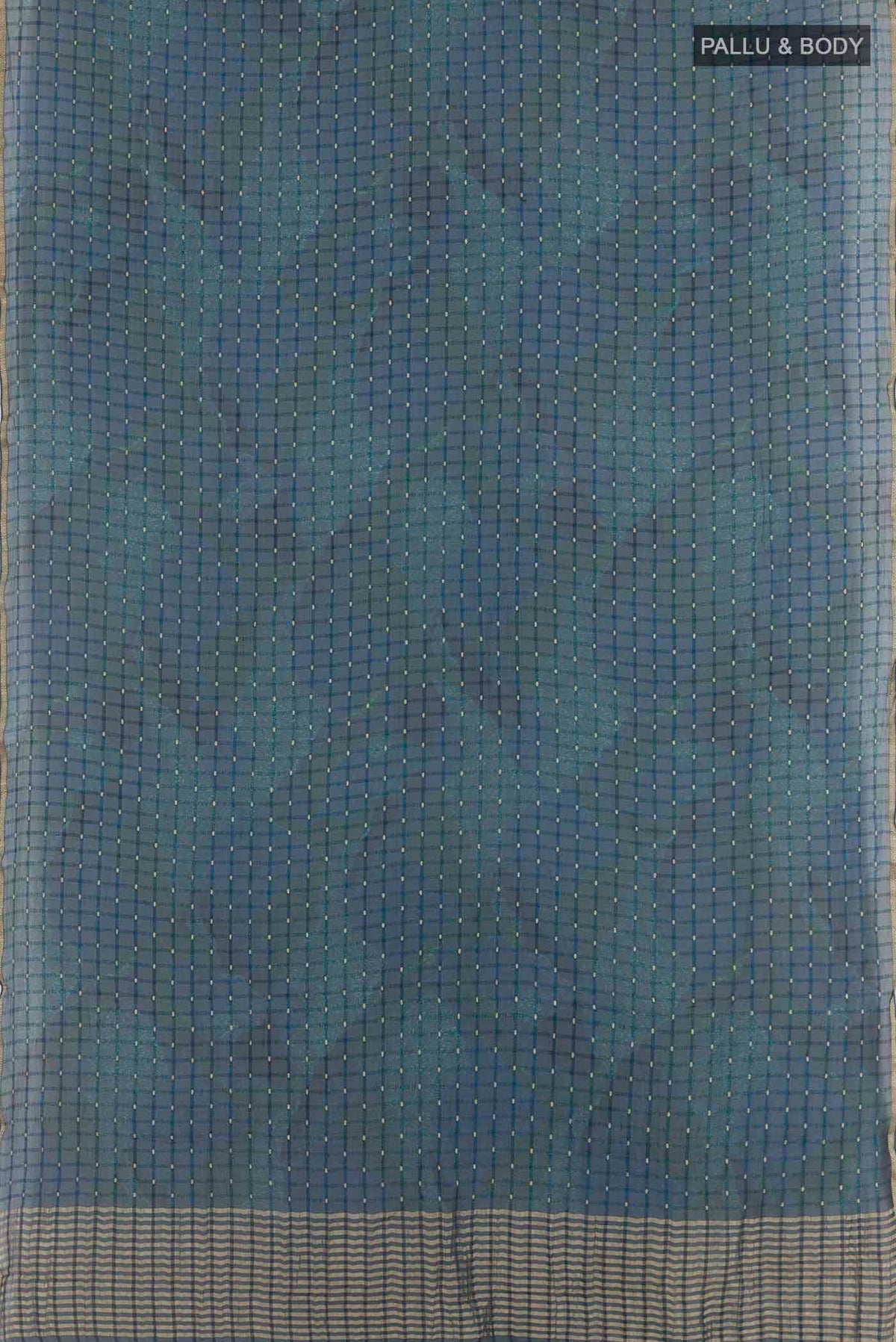 Flat view of Blue Mysore Chiffon Saree with Zari Butta on the body and Plain Border. 