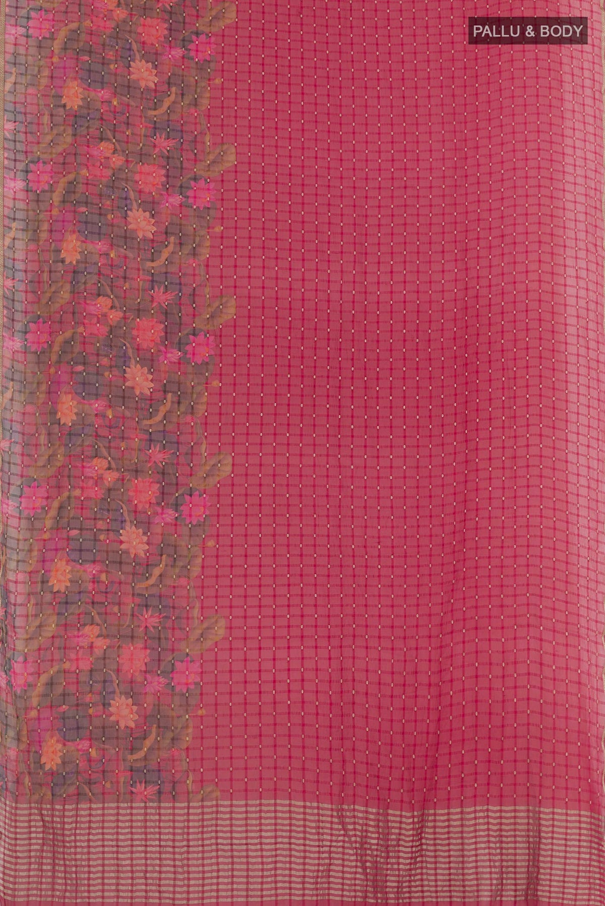 Flat view of Red Mysore Chiffon Saree with Printed design on the body and Zari Border. 