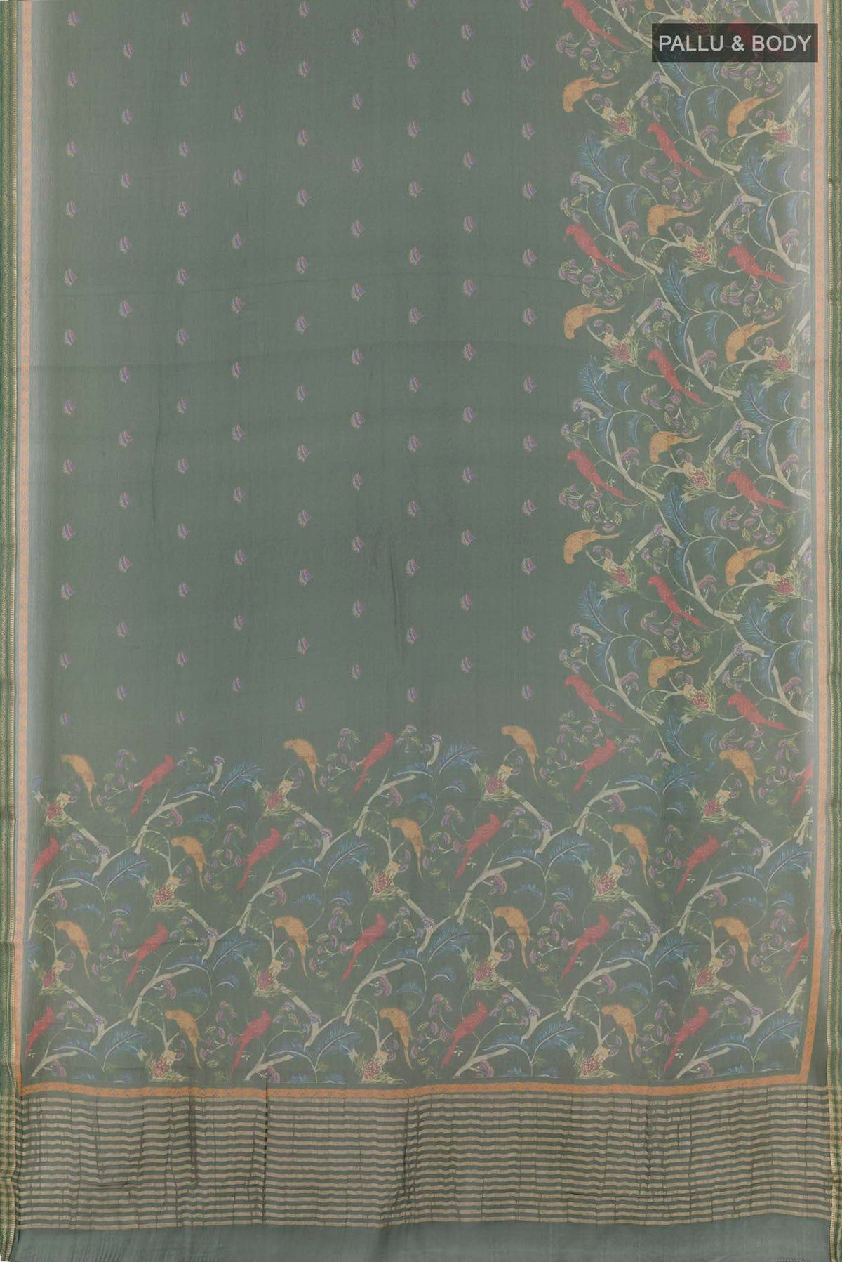 Flat view of Green Mysore Chiffon Saree with Printed design on the body and Zari Border. 
