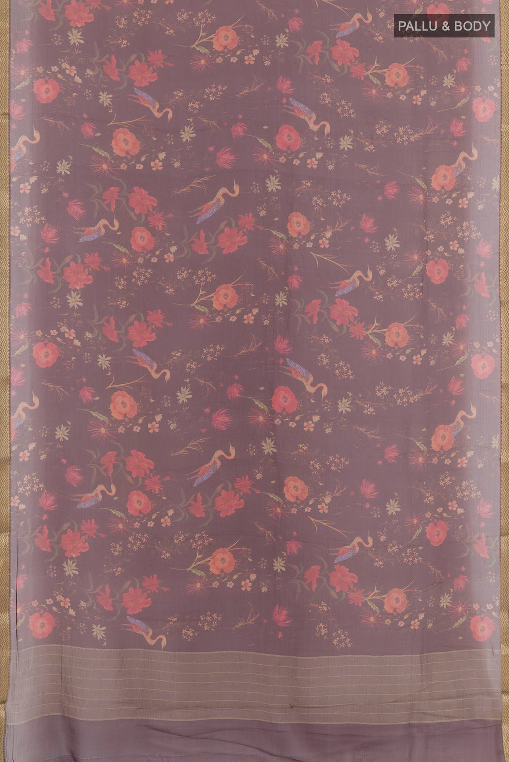 Flat view of Maroon Mysore Chiffon Saree with Printed design on the body and Plain Border. 