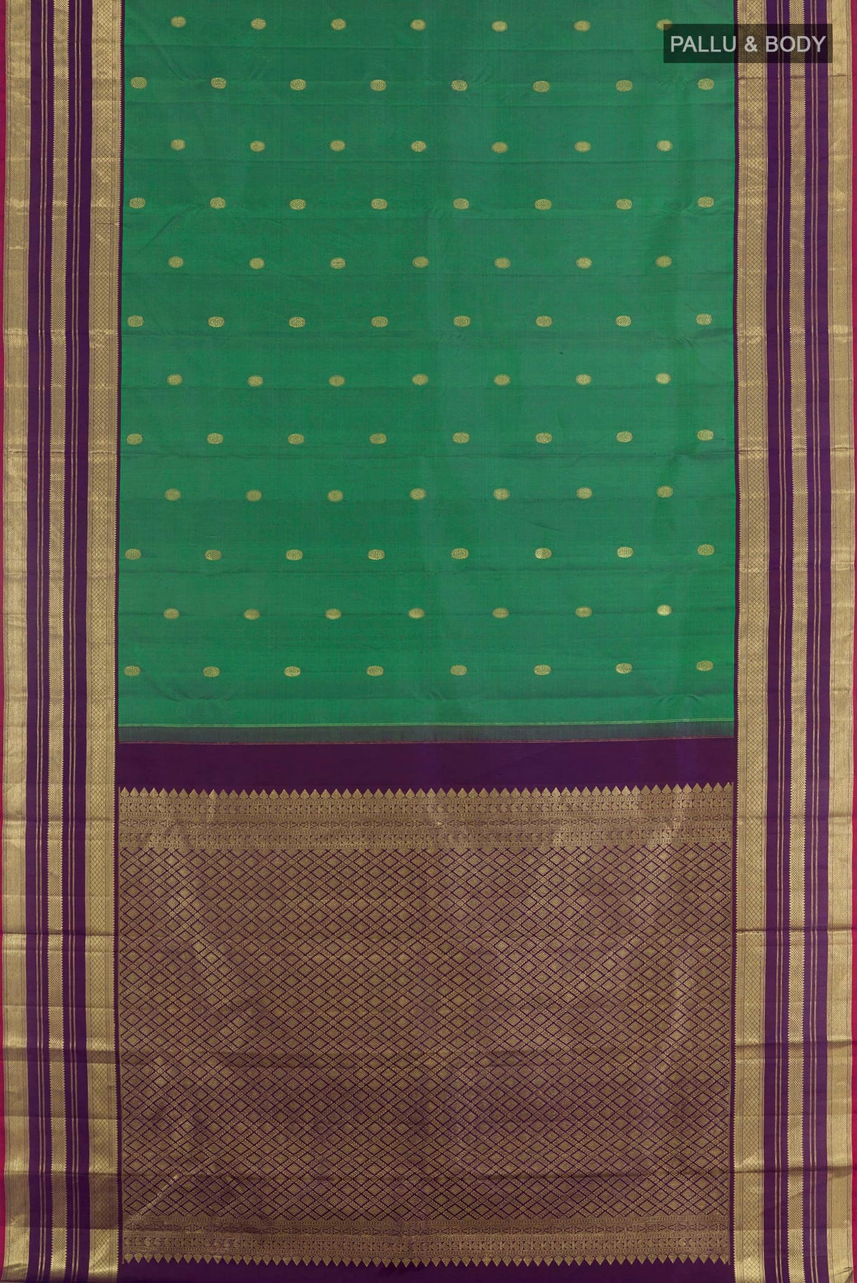 Flat view of Green Kanchipuram Silk Saree with Zari Brocade on the body and Zari Border. 
