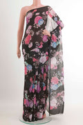 Black Mysore Chiffon Saree with Printed design on the body and Zari Border.  displayed on a mannequin