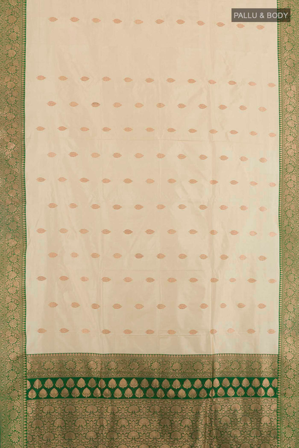 Flat view of Cream Banarasi Silk Saree with Zari Butta on the body and Zari Border. 