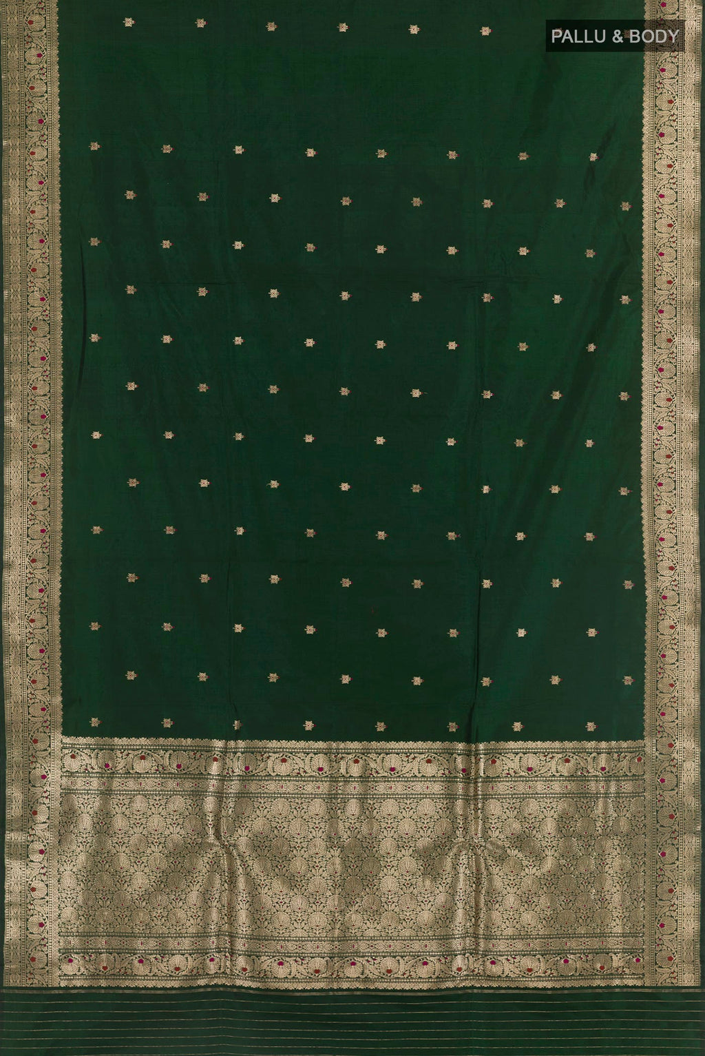 Flat view of Bottle Green Banarasi Katan Silk Saree with Zari Butta on the body and Zari Border. 