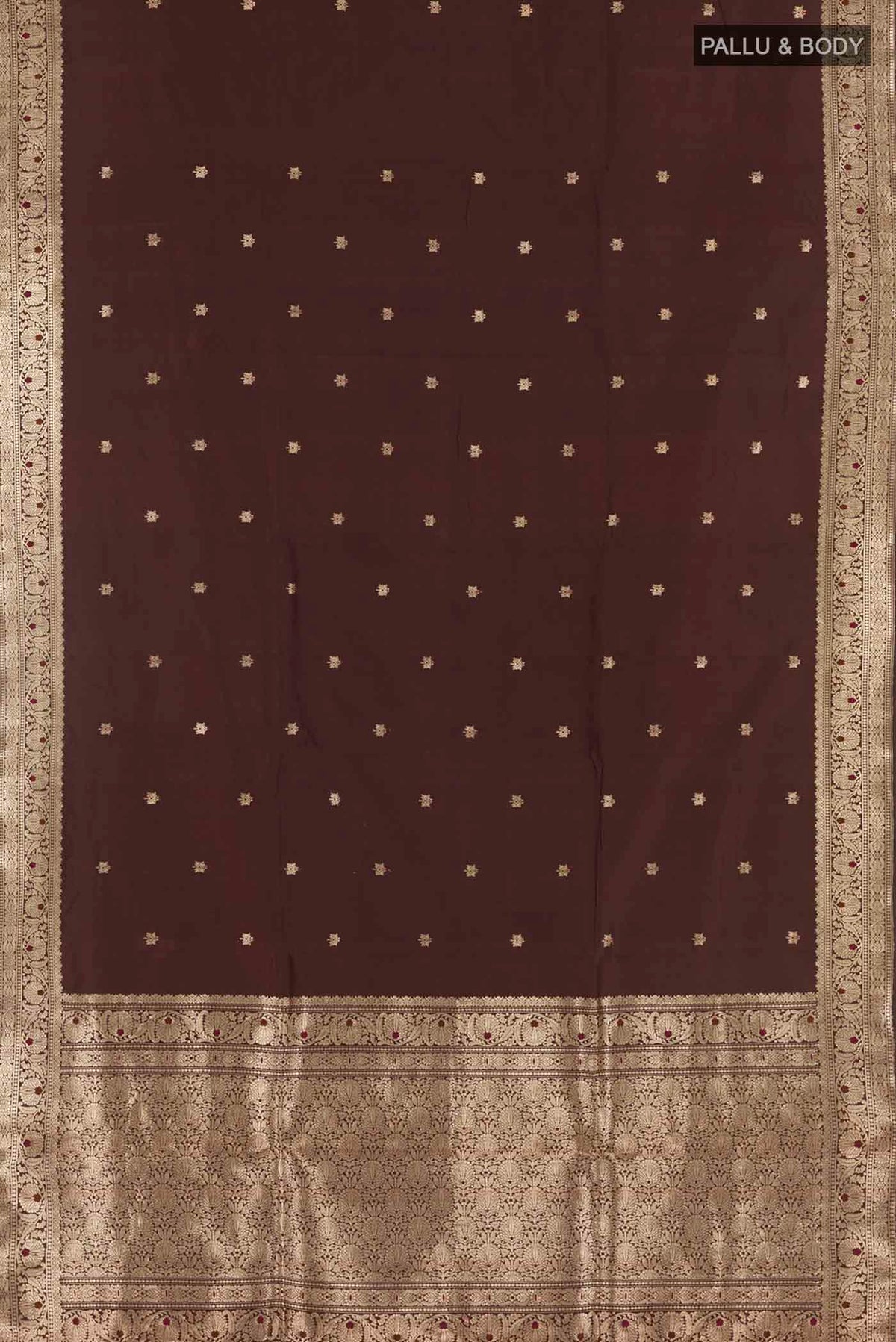 Flat view of Brown Banarasi Katan Silk Saree with Zari Butta on the body and Zari Border. 
