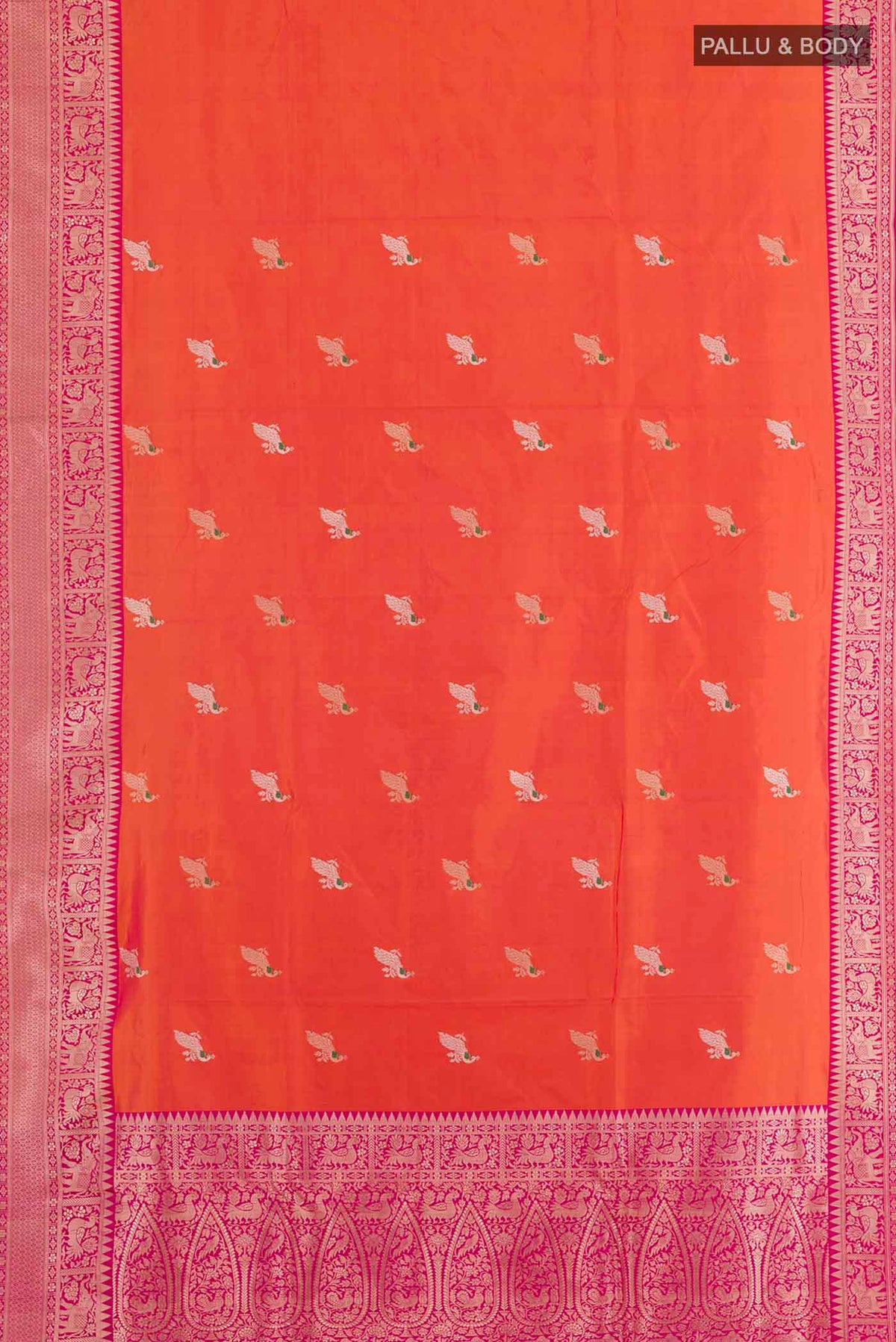Flat view of Orange Banarasi Silk Saree with Zari Butta on the body and Zari Border. 