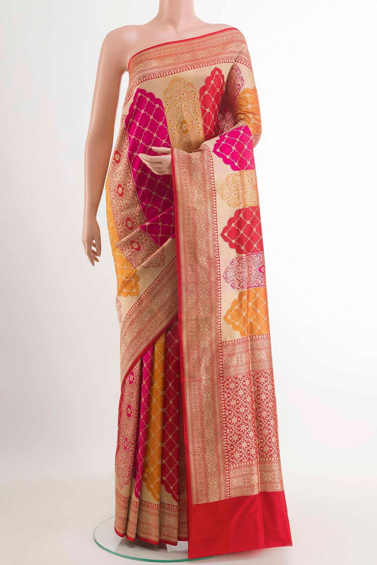 Multi Color Banarasi Silk Saree with Zari Brocade on the body and Zari Border.  displayed on a mannequin