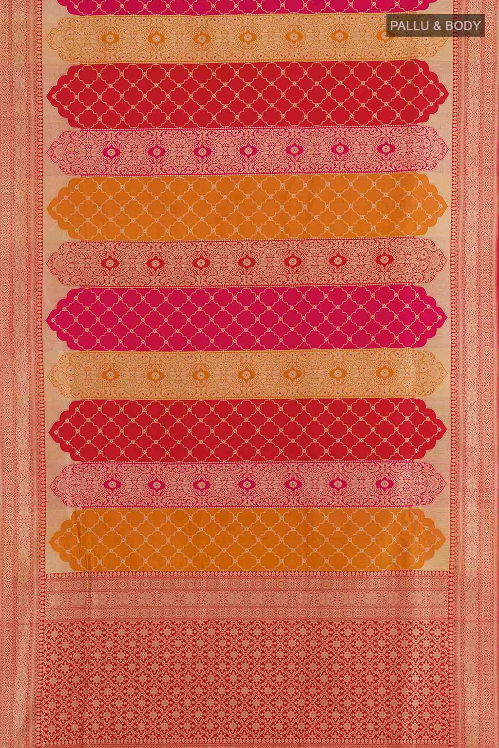Flat view of Multi Color Banarasi Silk Saree with Zari Brocade on the body and Zari Border. 