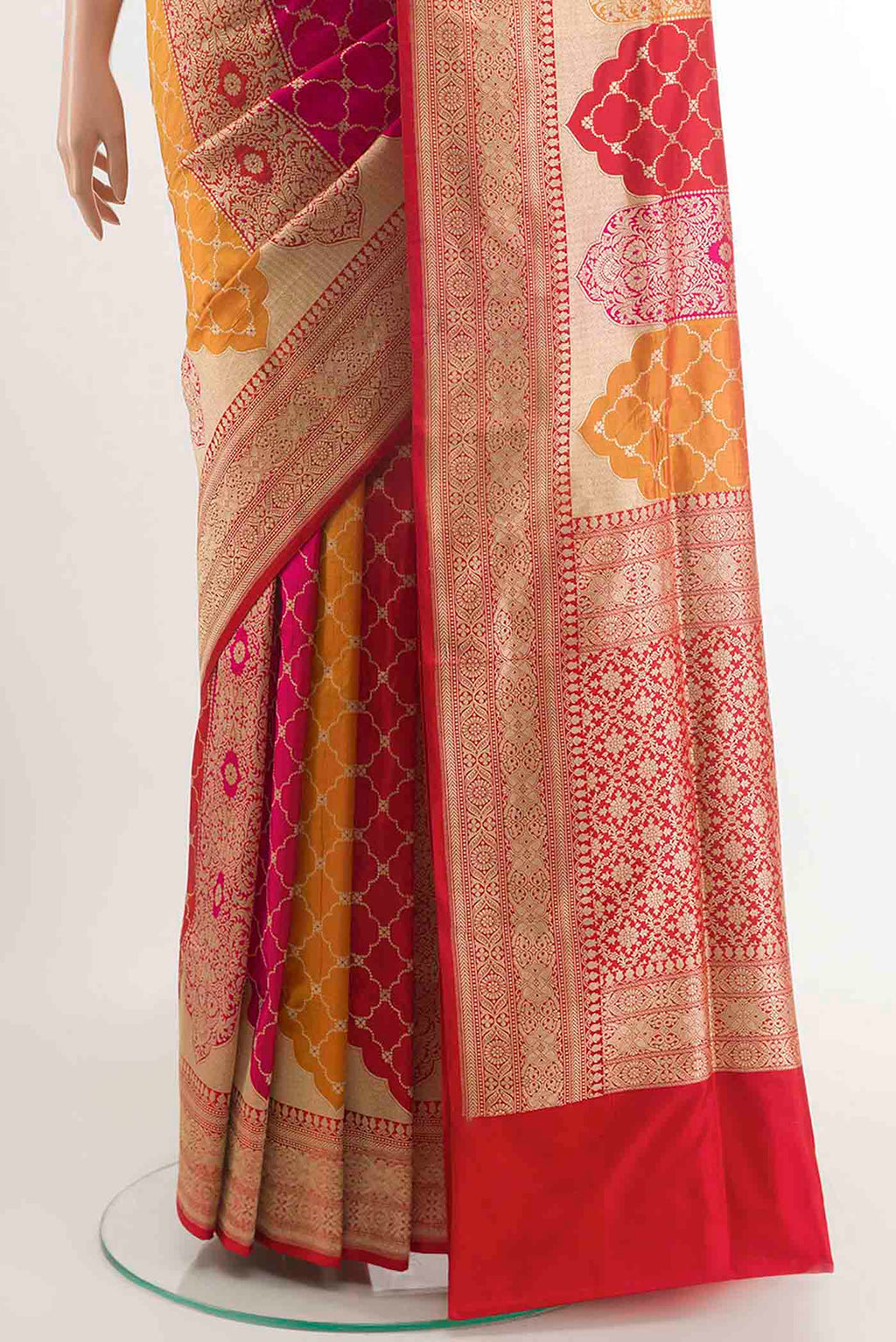 Pleats and pallu of Multi Color Banarasi Silk Saree with Zari Brocade on the body and Zari Border. 