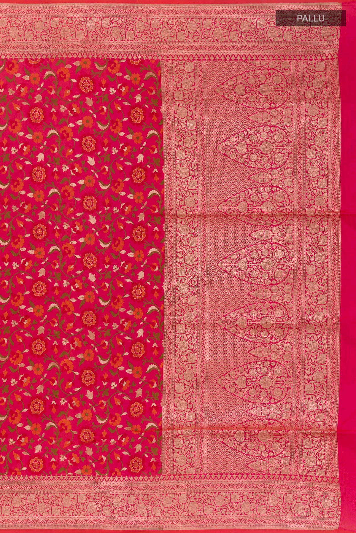 Close up image of the pallu of PInk with Red Color Banarasi Silk Saree with Zari Brocade on the body and Zari Border. 