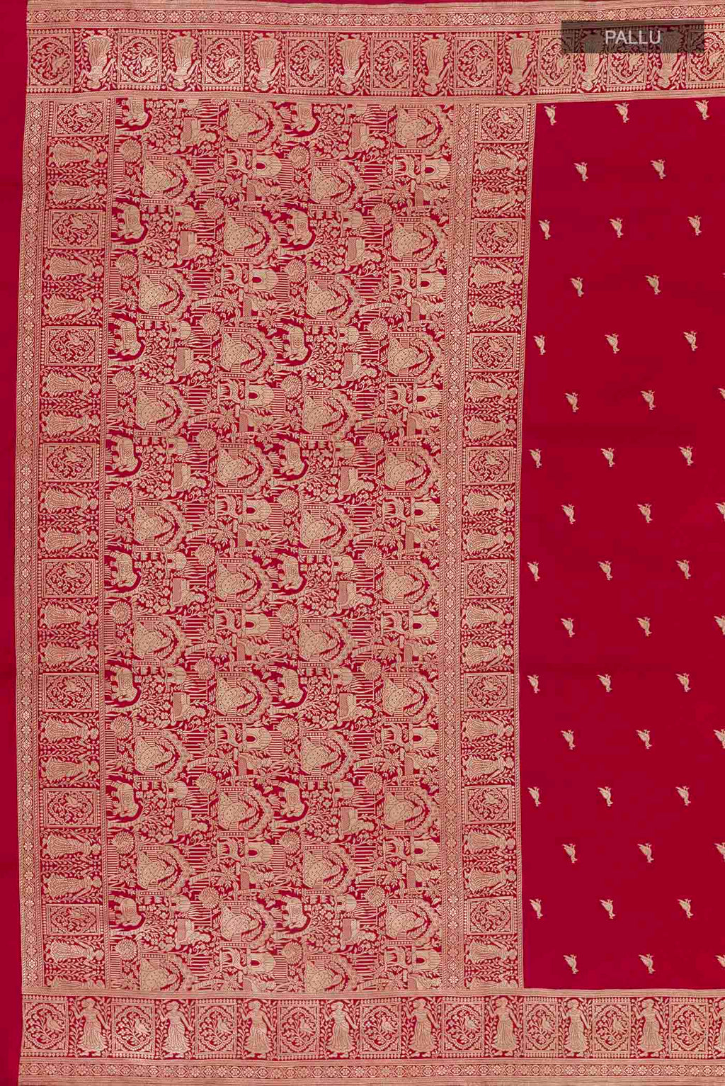 Close up image of the pallu of Red Banarasi Silk Saree with Zari Butta on the body and Zari Border. 