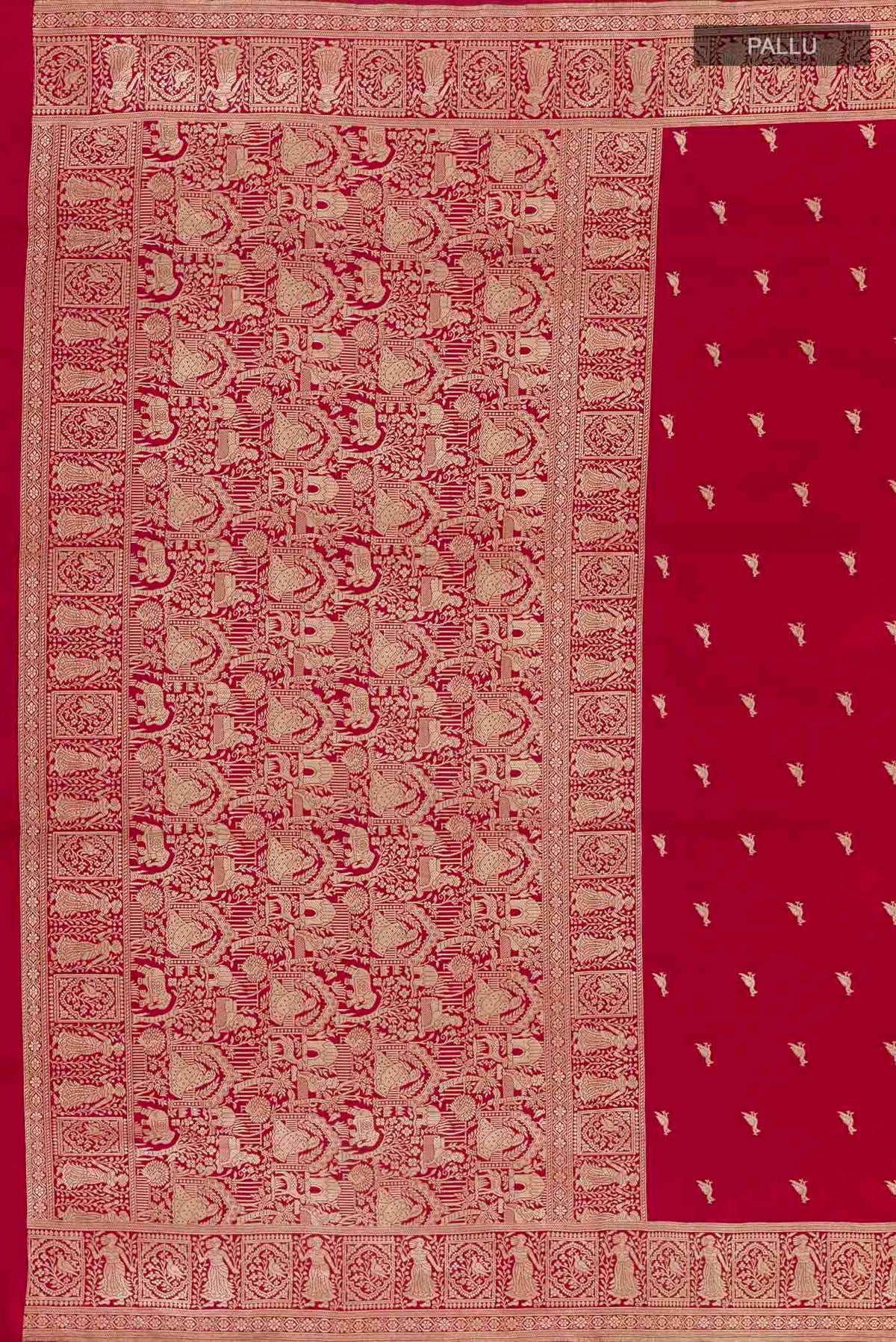Close up image of the pallu of Red Banarasi Silk Saree with Zari Butta on the body and Zari Border. 