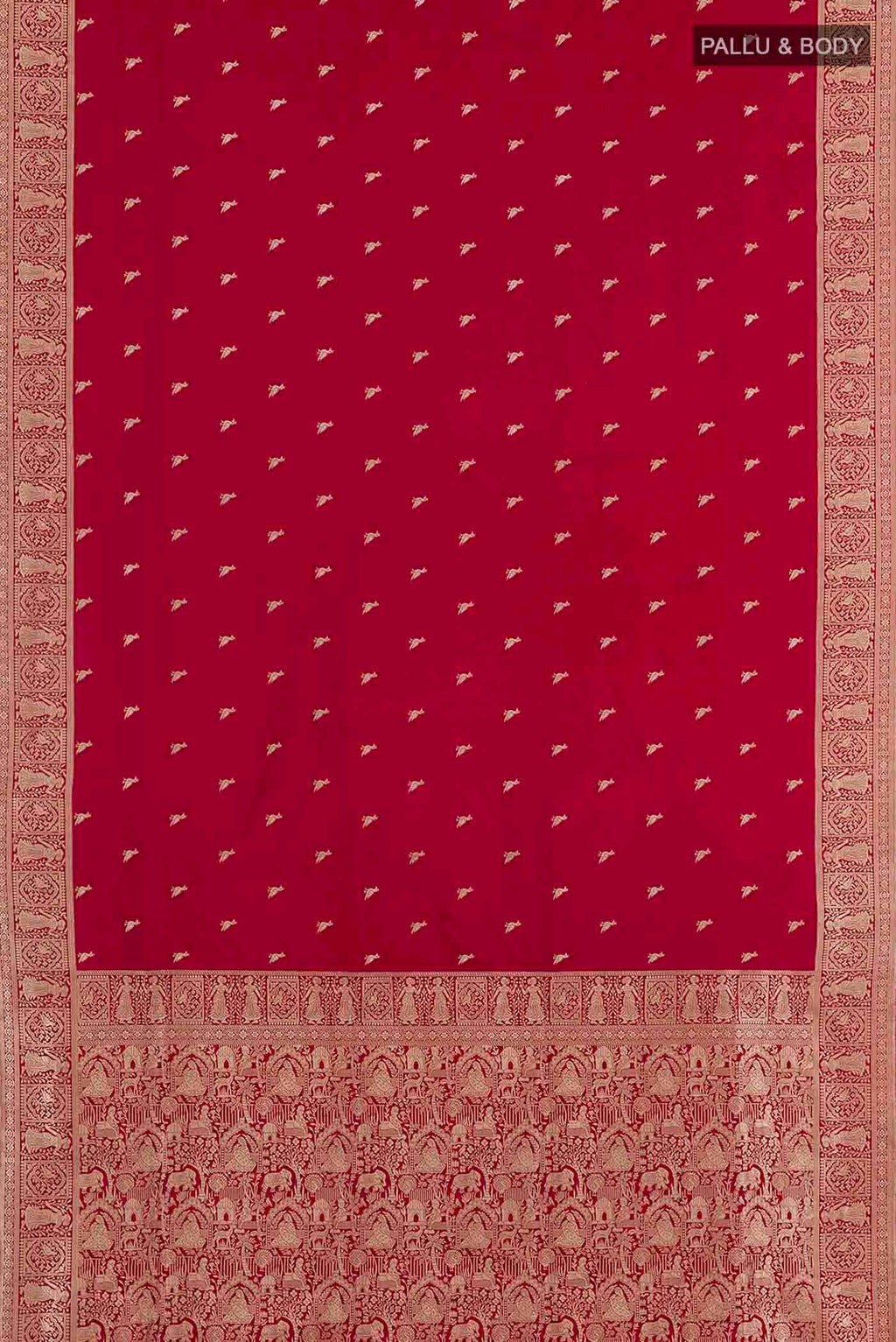 Flat view of Red Banarasi Silk Saree with Zari Butta on the body and Zari Border. 
