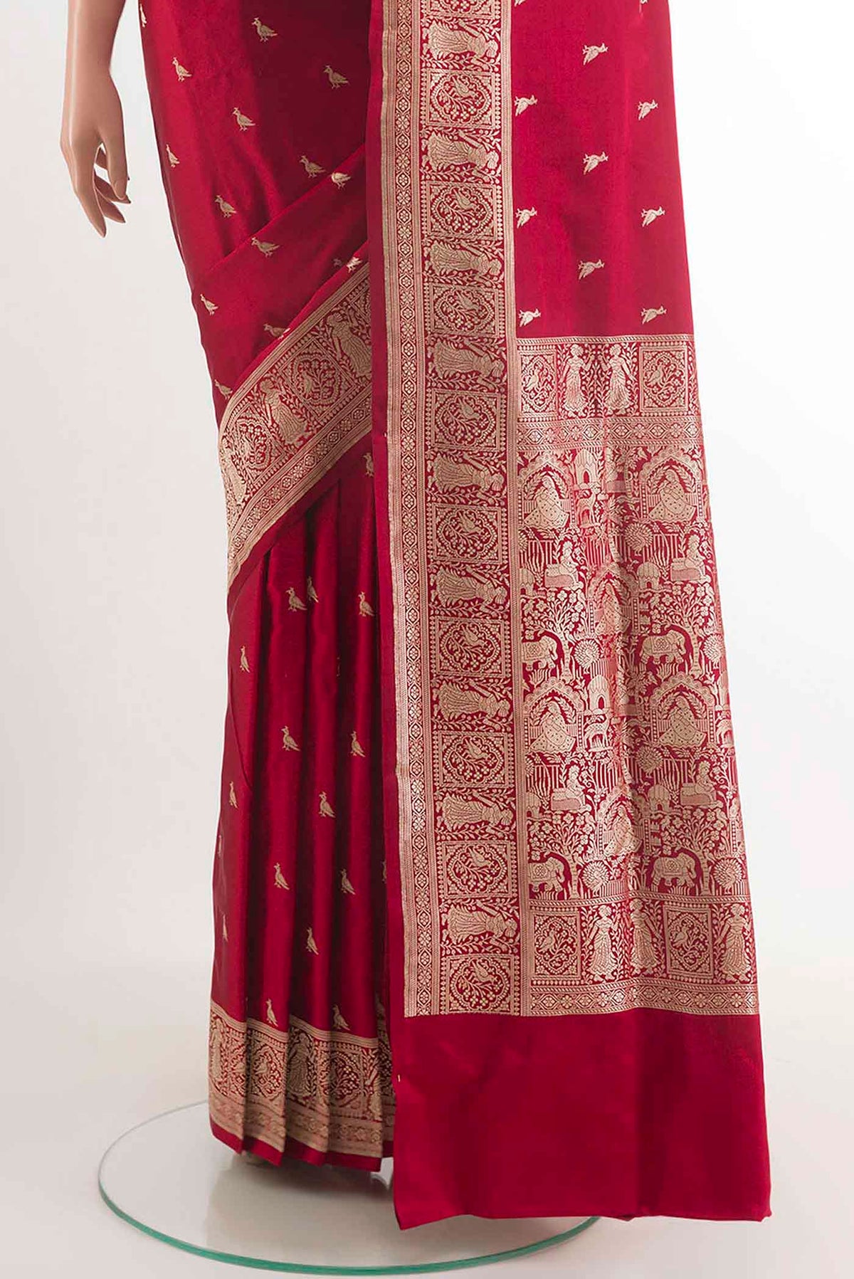 Pleats and pallu of Red Banarasi Silk Saree with Zari Butta on the body and Zari Border. 