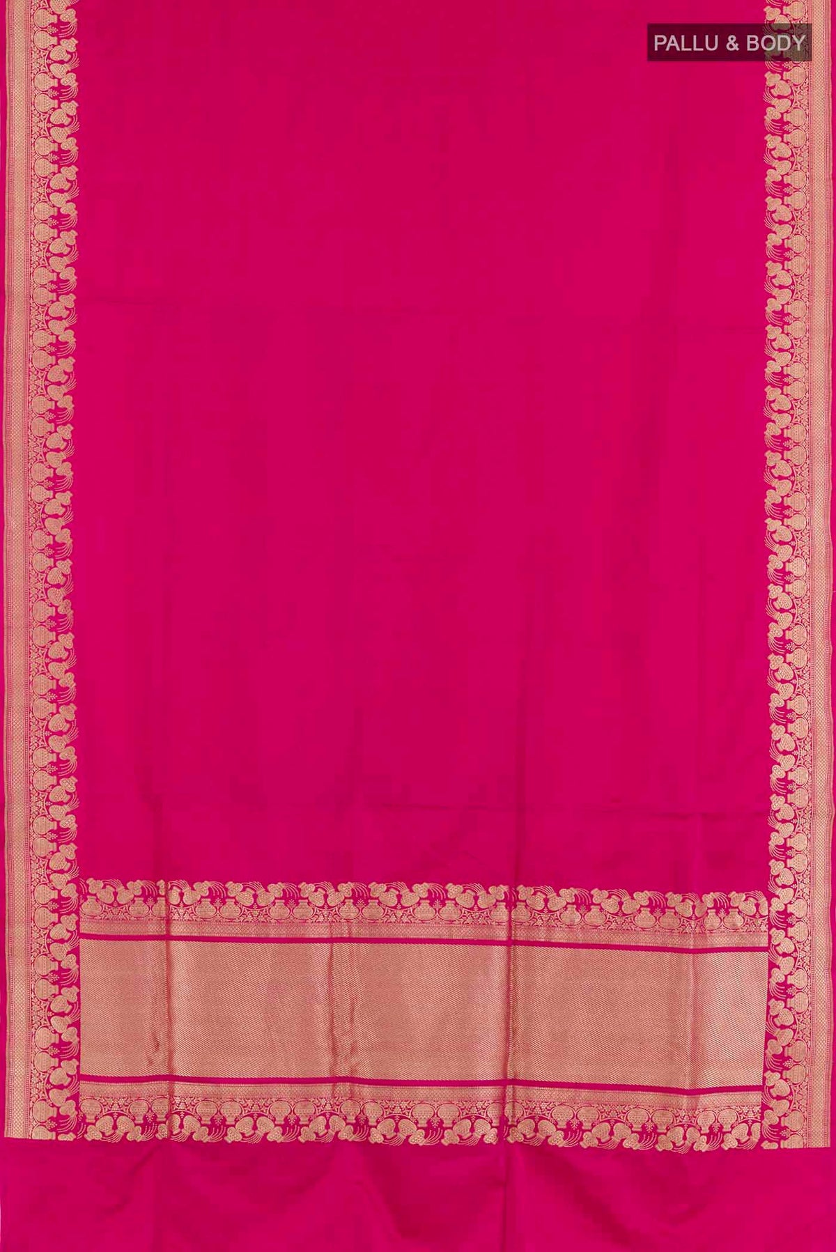 Flat view of Pink Banarasi Saree with Plain Body and Zari Border. 