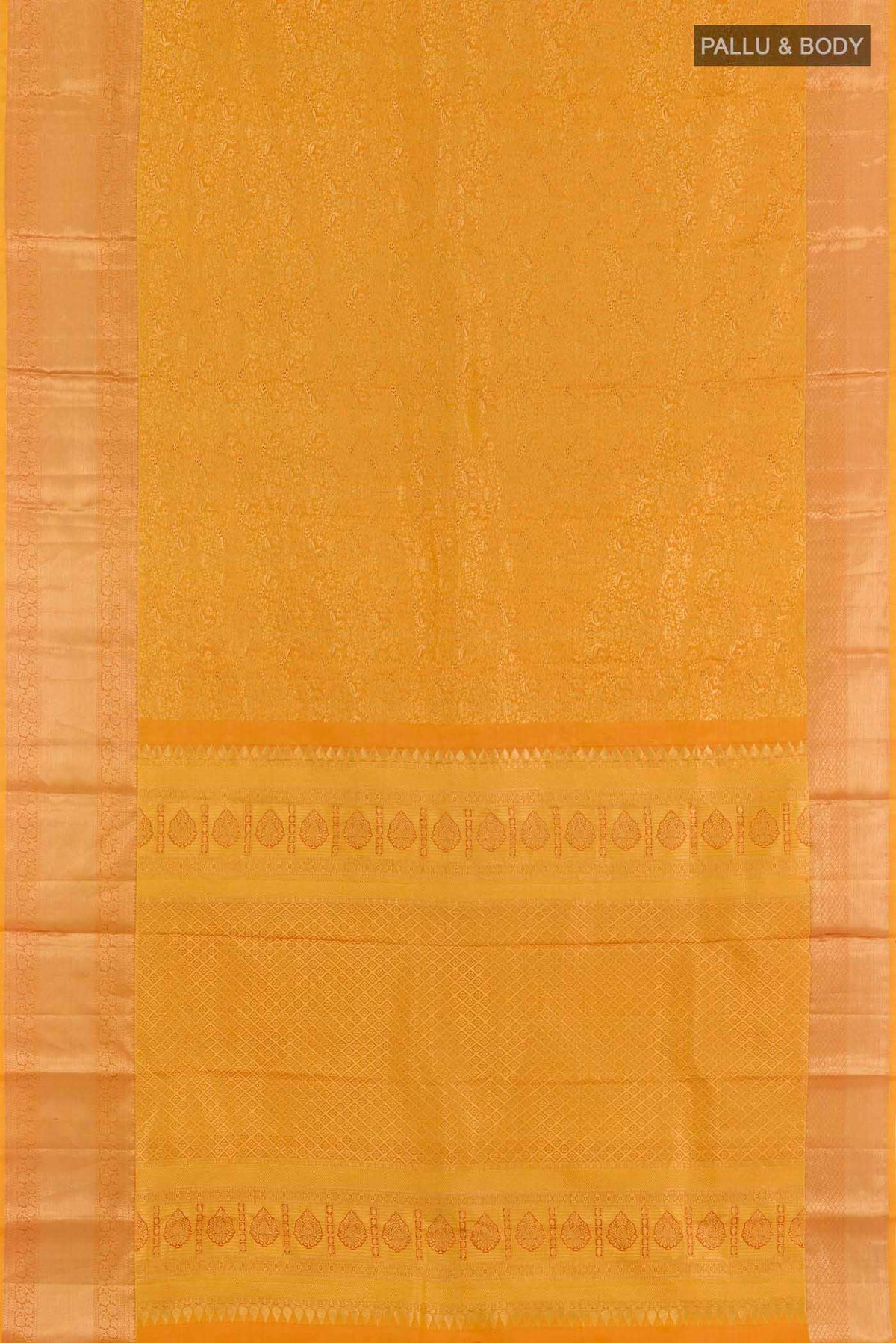 Flat view of Yellow Kanchipuram Silk Saree with Zari Brocade on the body and Zari Border. 