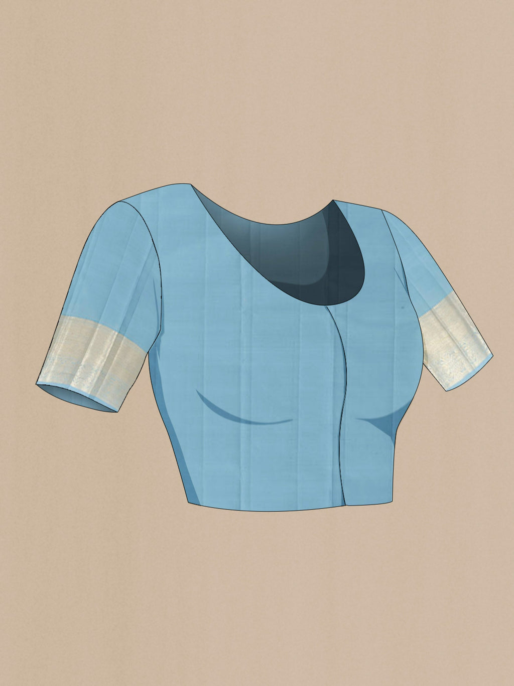 Close up image of the blouse of Blue Kanchipuram Silk Saree with Zari Brocade on the body and Zari Border. 