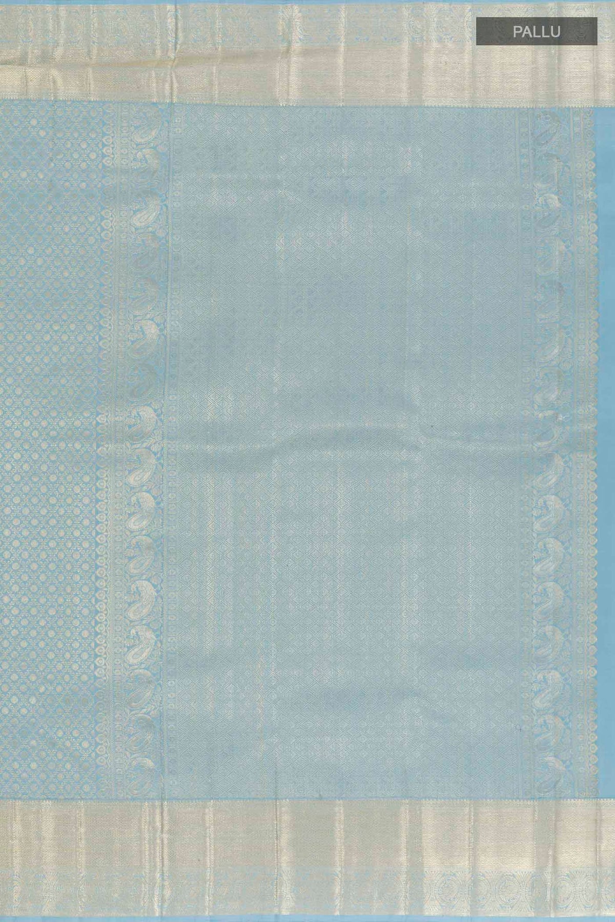 Close up image of the pallu of Blue Kanchipuram Silk Saree with Zari Brocade on the body and Zari Border. 