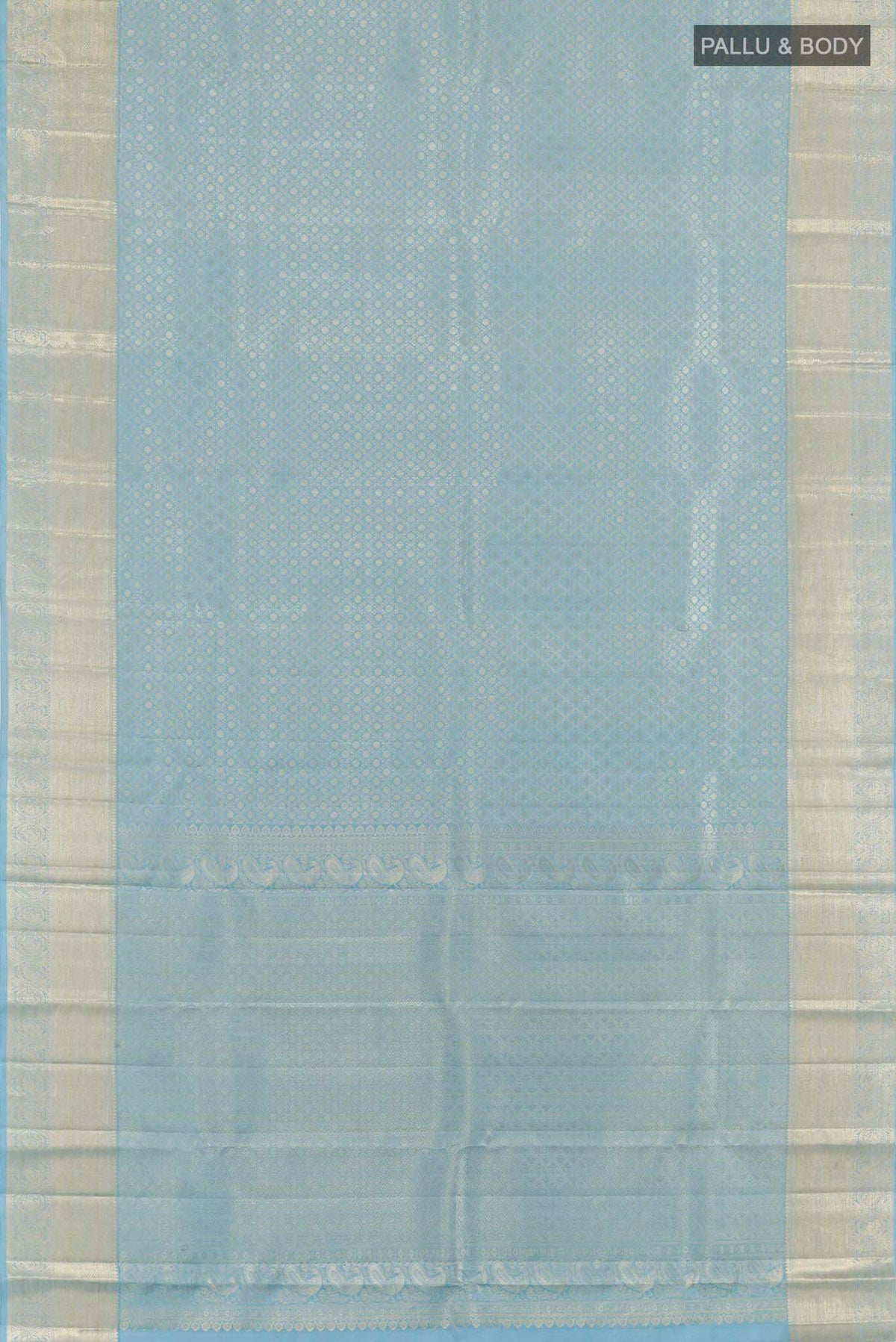 Flat view of Blue Kanchipuram Silk Saree with Zari Brocade on the body and Zari Border. 