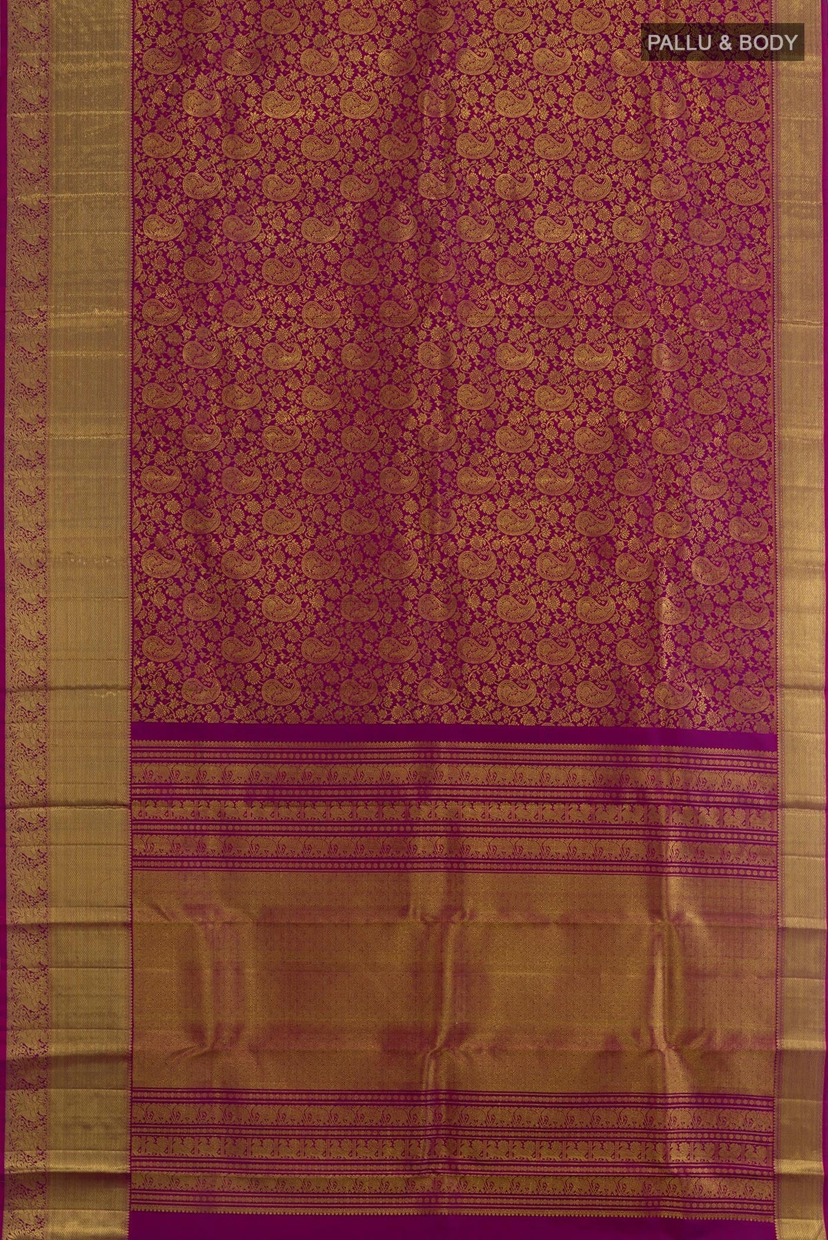 Flat view of Purple Kanchipuram Silk Saree with Zari Brocade on the body and Zari Border. 