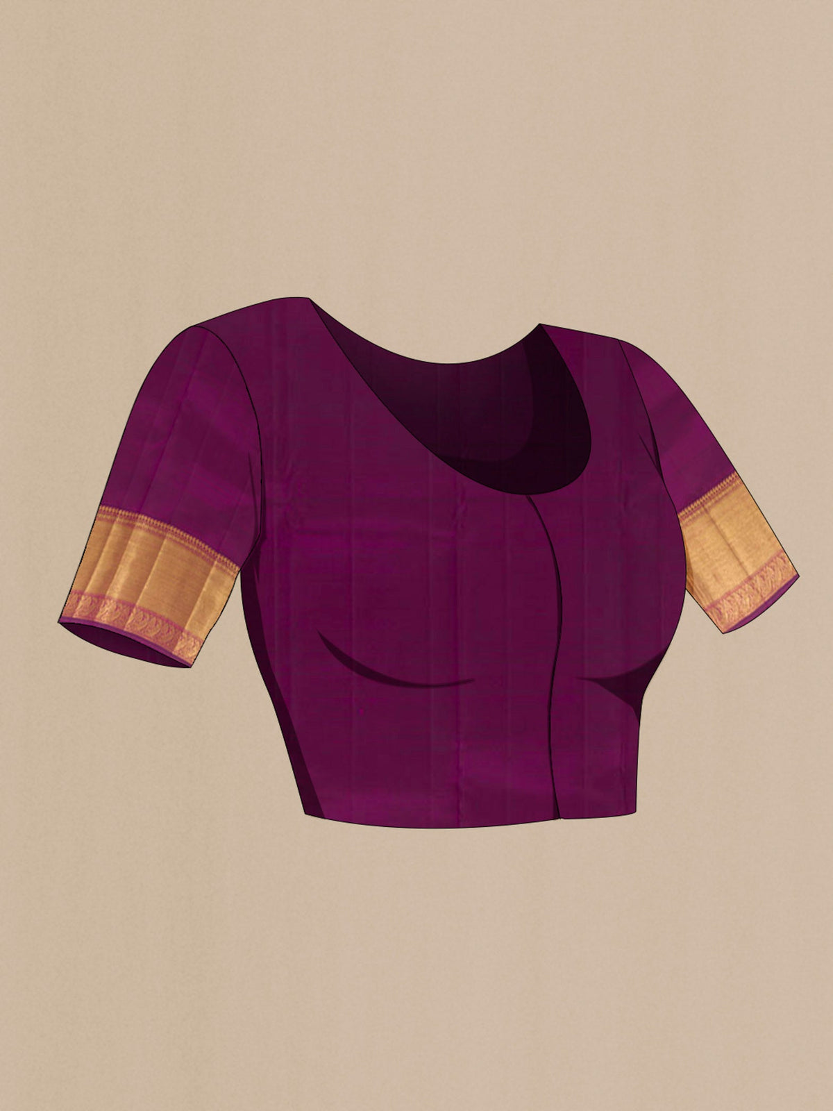 Close up image of the blouse of Purple Kanchipuram Silk Saree with Zari Brocade on the body and Zari Border. 