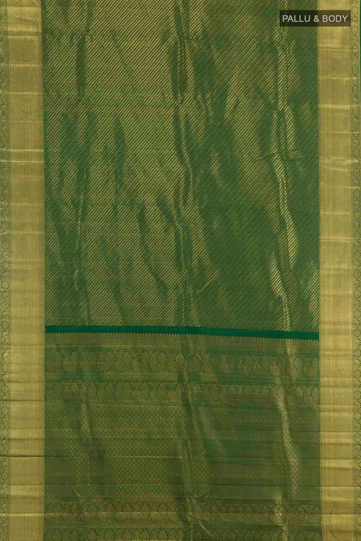 Flat view of Green Kanchipuram Silk Saree with Zari Brocade on the body and Zari Border. 