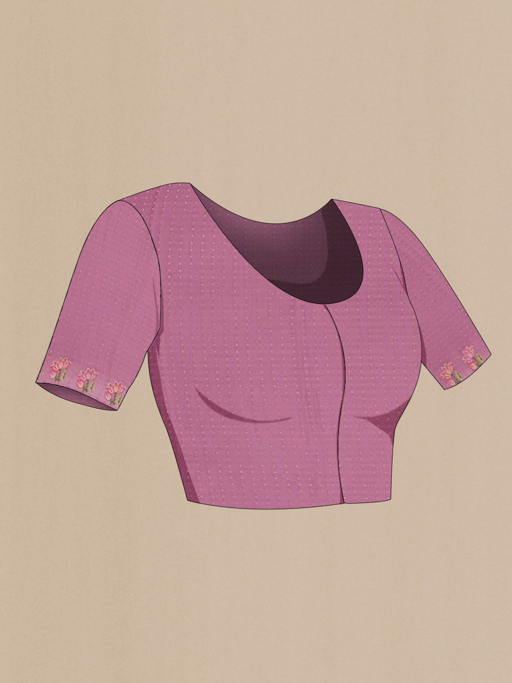 Close up image of the blouse of Lavender Mysore Crepe Saree with Stripes on the body and Embroidery Border. 