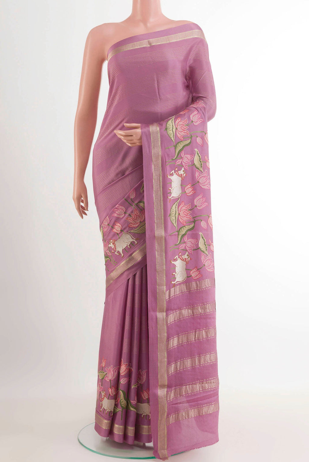 Lavender Mysore Crepe Saree with Stripes on the body and Embroidery Border.  displayed on a mannequin