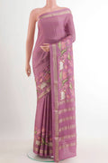 Lavender Mysore Crepe Saree with Stripes on the body and Embroidery Border.  displayed on a mannequin