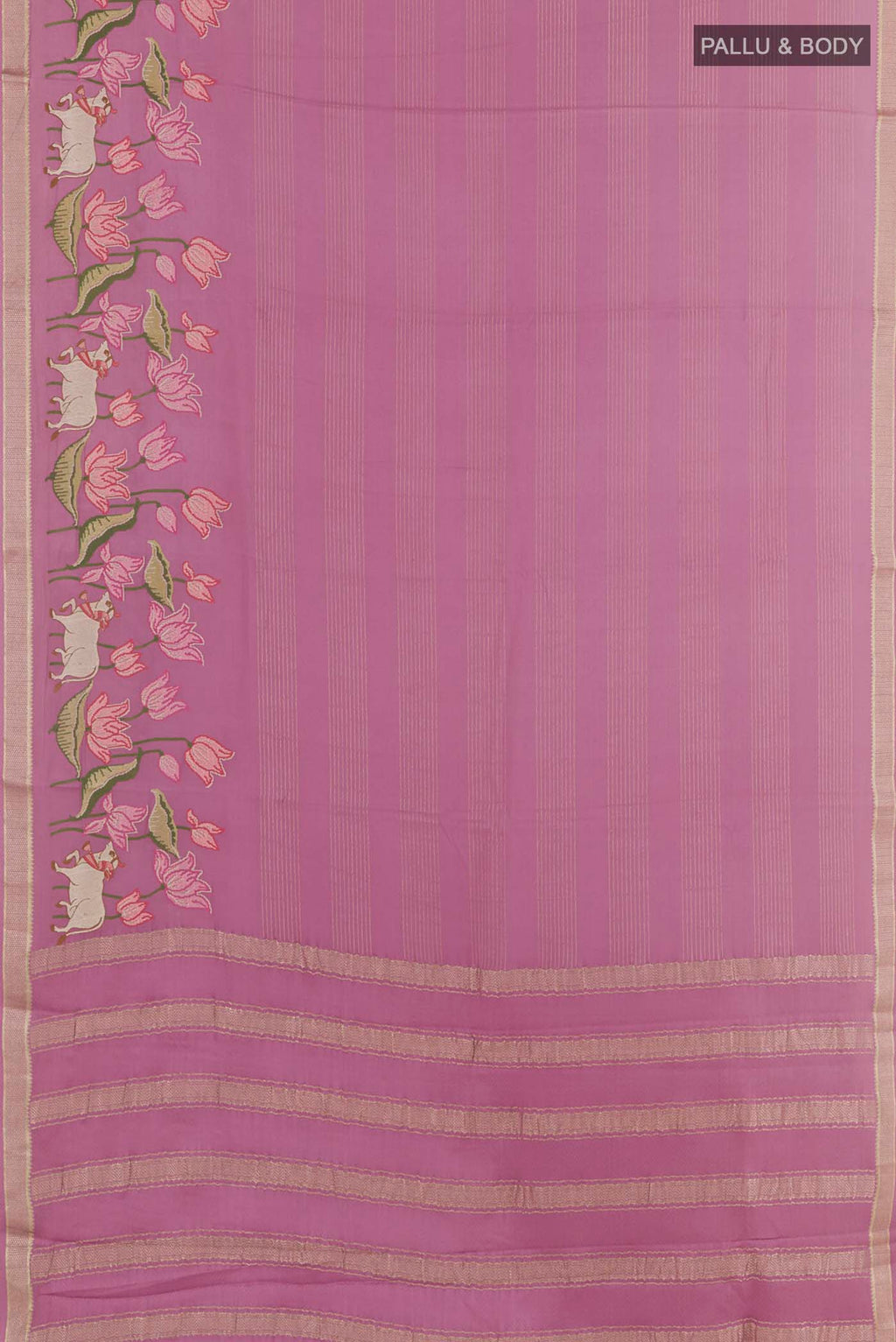 Flat view of Lavender Mysore Crepe Saree with Stripes on the body and Embroidery Border. 