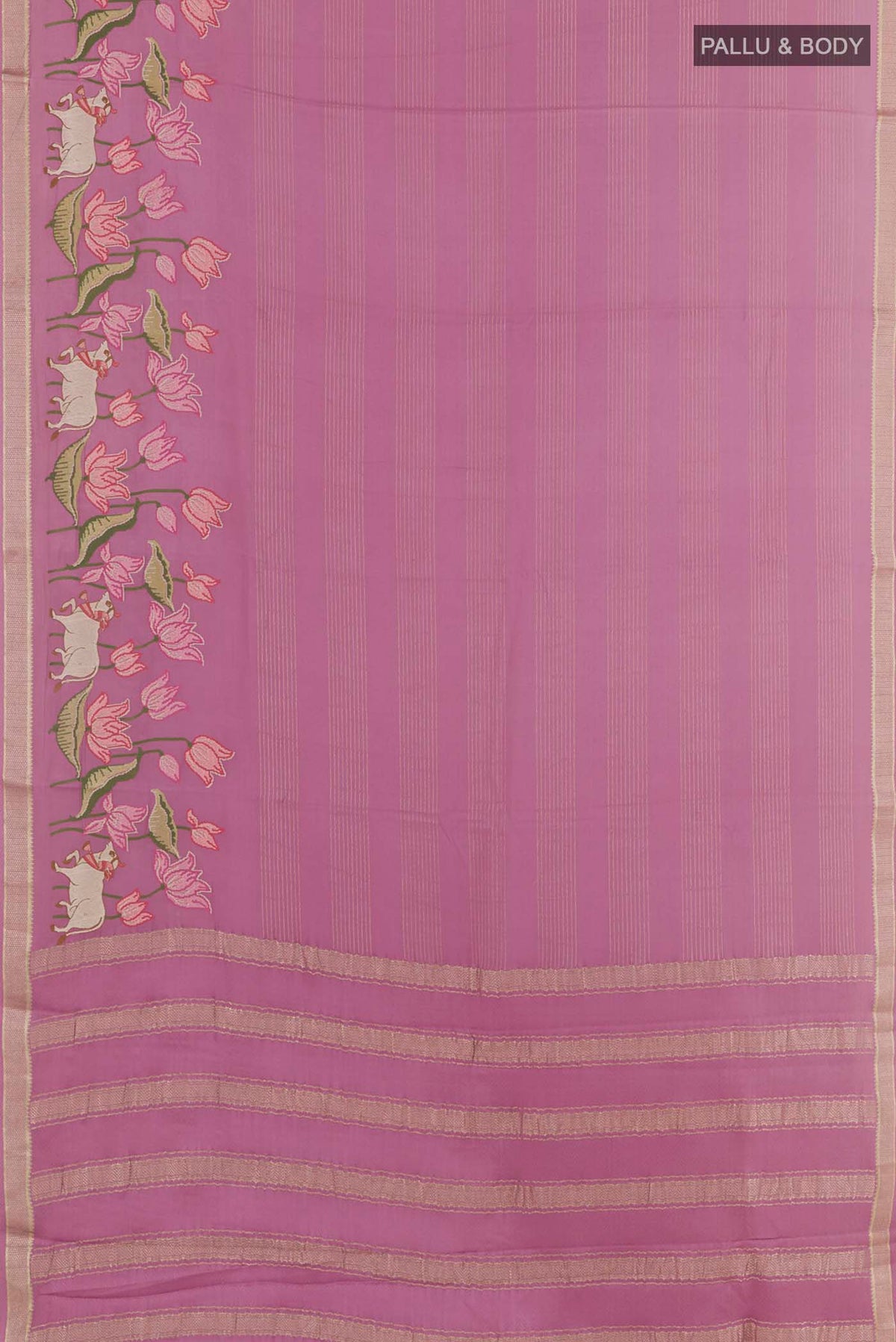 Flat view of Lavender Mysore Crepe Saree with Stripes on the body and Embroidery Border. 