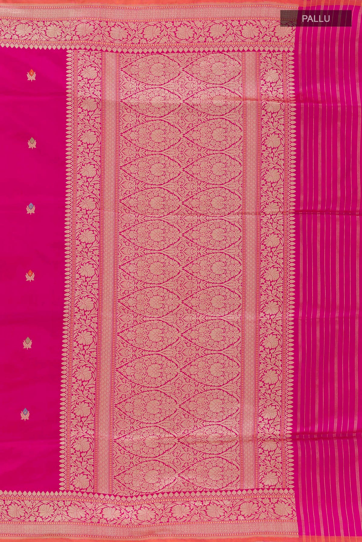 Close up image of the pallu of Pink Banarasi Silk Saree with Zari Butta on the body and Zari Border. 