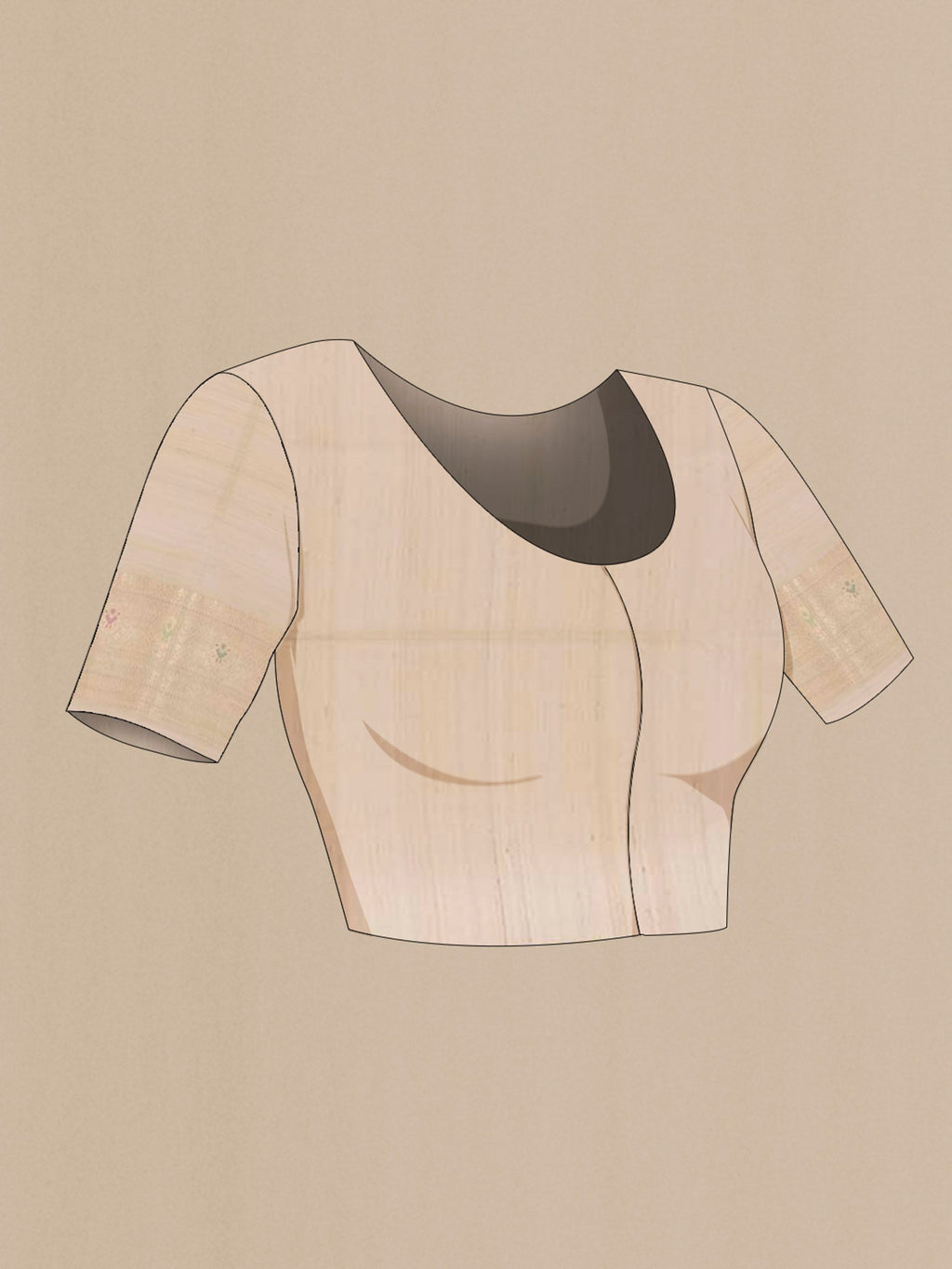 Close up image of the blouse of Off White Banarasi Tussar Silk Saree with Zari Butta on the body and Zari Border. 