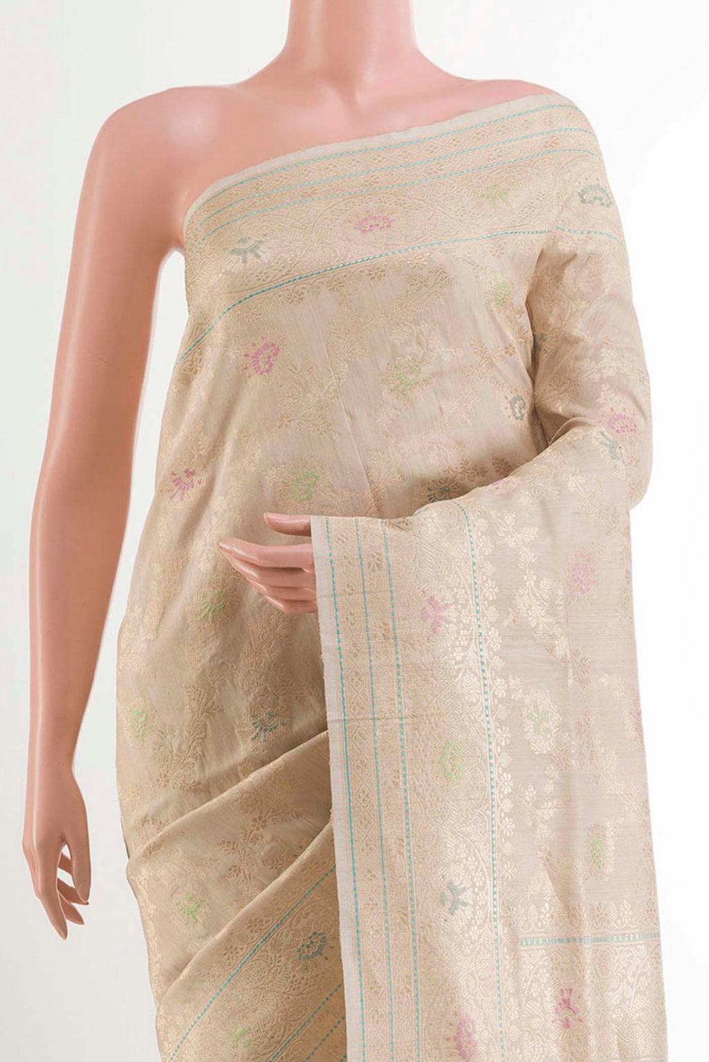 Border image of Off White Banarasi Tussar Silk Saree with Zari Butta on the body and Zari Border. 