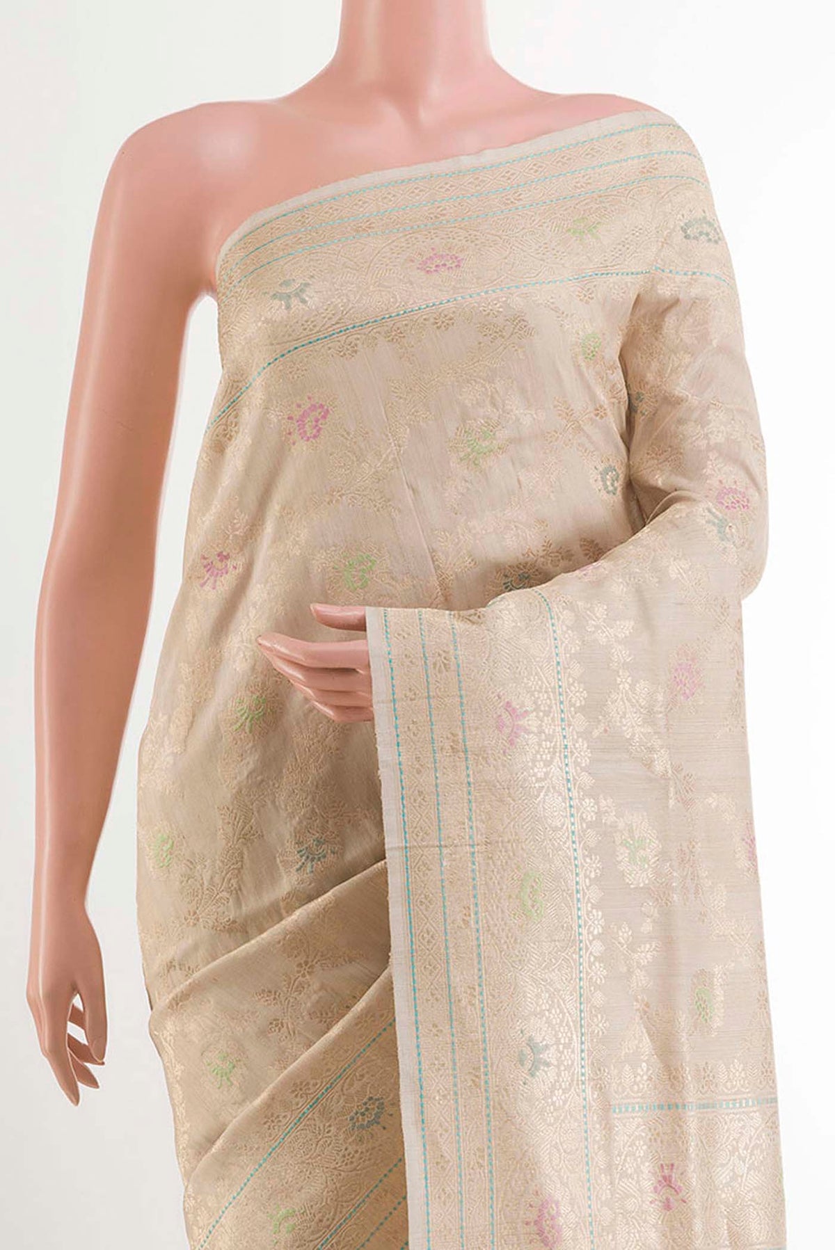 Border image of Off White Banarasi Tussar Silk Saree with Zari Butta on the body and Zari Border. 