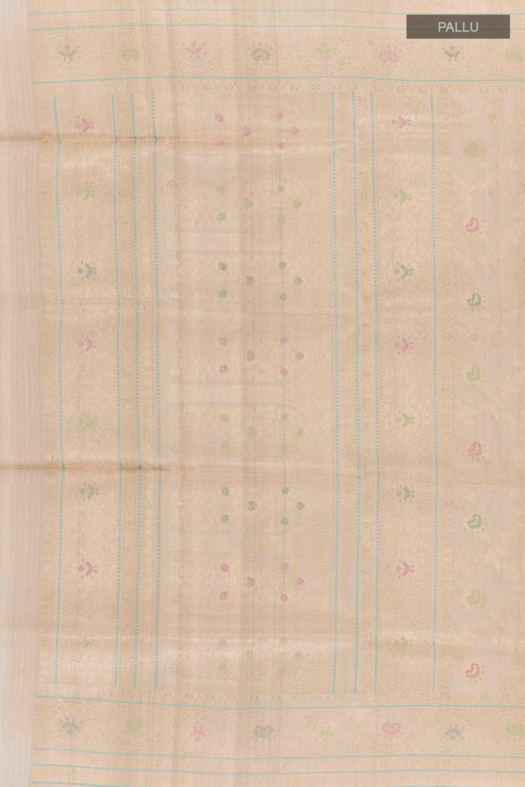 Close up image of the pallu of Off White Banarasi Tussar Silk Saree with Zari Butta on the body and Zari Border. 
